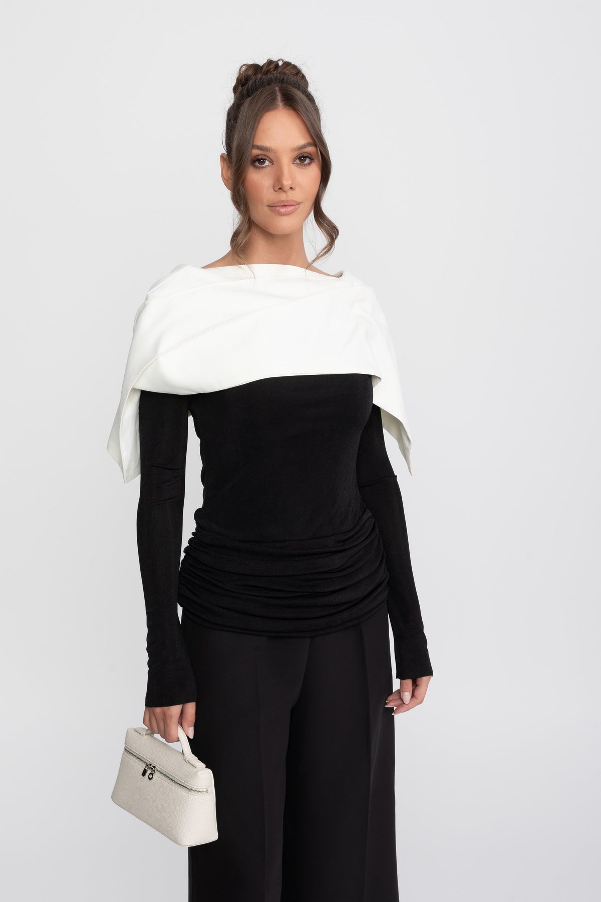 Ruched Wrap Top, Contrast Cape and Wide Leg Trouser Set – Black – view 4