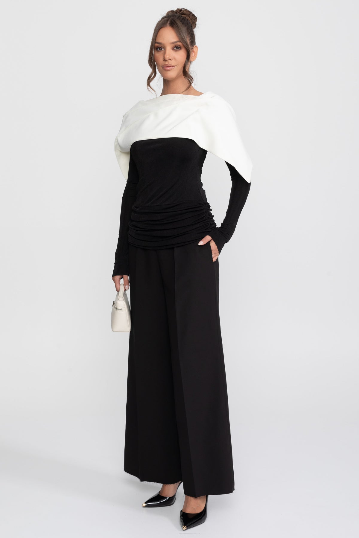Ruched Wrap Top, Contrast Cape and Wide Leg Trouser Set – Black – view 3