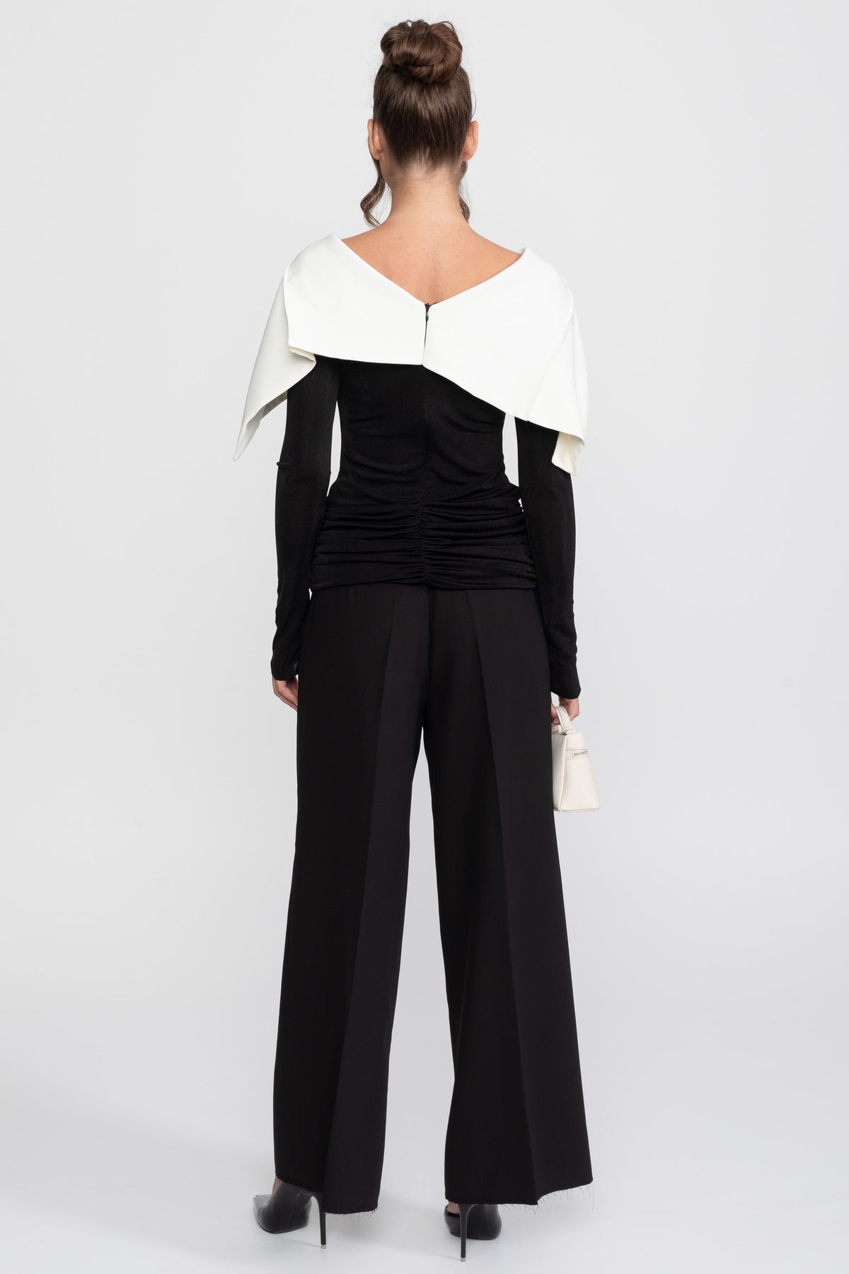 Ruched Wrap Top, Contrast Cape and Wide Leg Trouser Set – Black – view 11