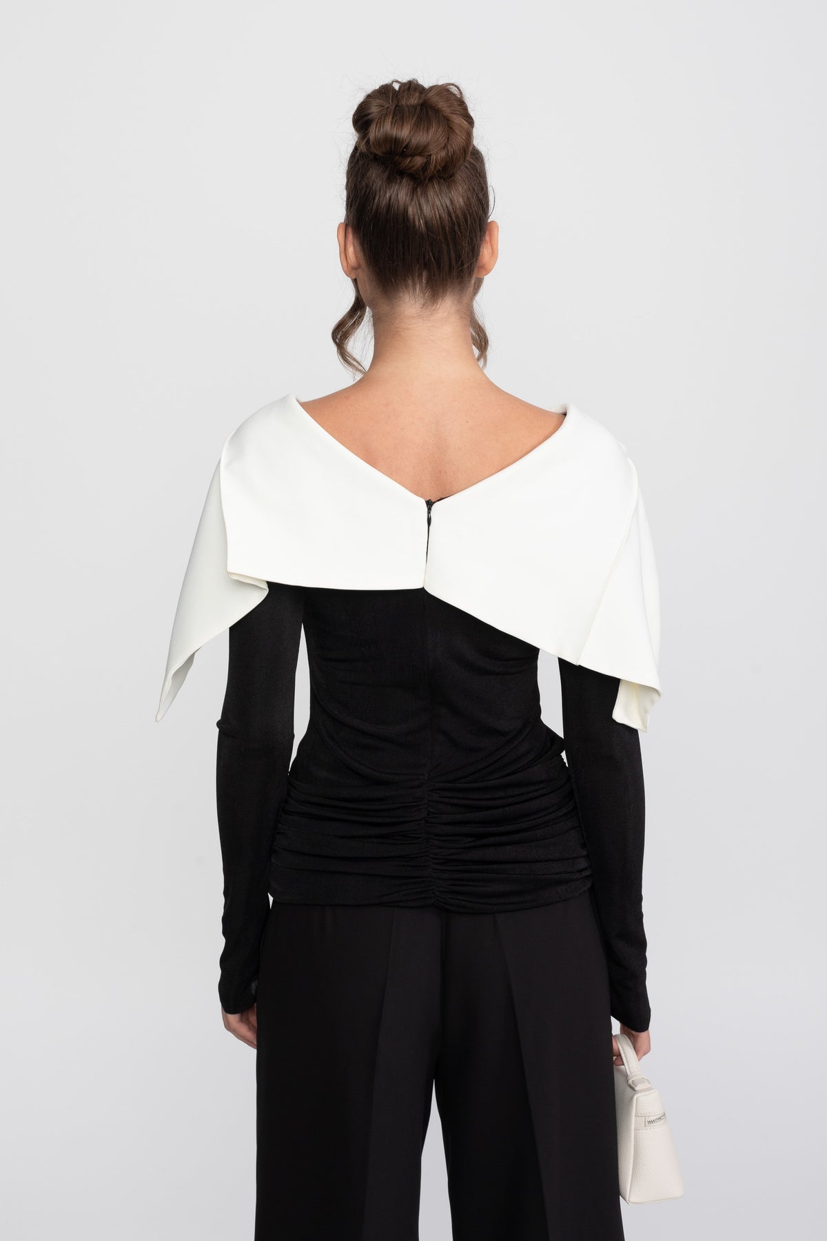 Ruched Wrap Top, Contrast Cape and Wide Leg Trouser Set – Black – view 12