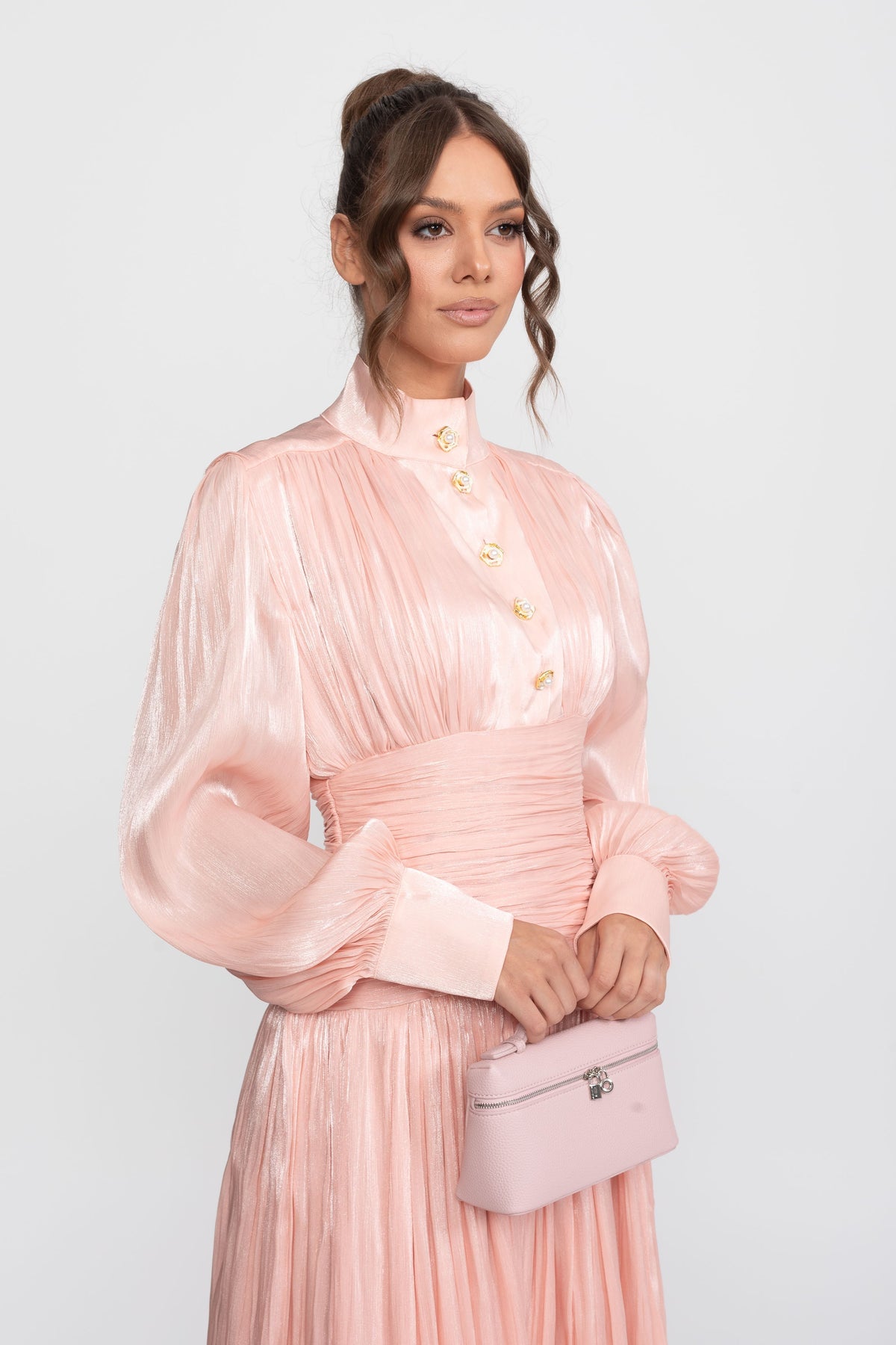 Balloon Sleeve Tiered Maxi Dress with Jewelled Rose Buttons – Peach – view 4