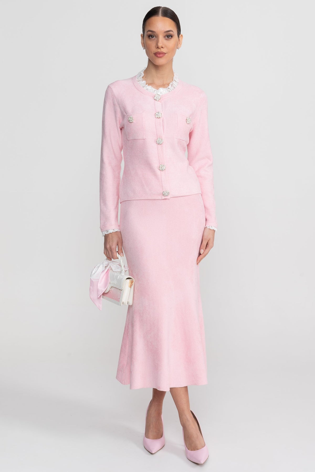 Lace Trim Knit Cardigan and Midi Skirt Co-ord with Crystal Buttons – Blush Pink