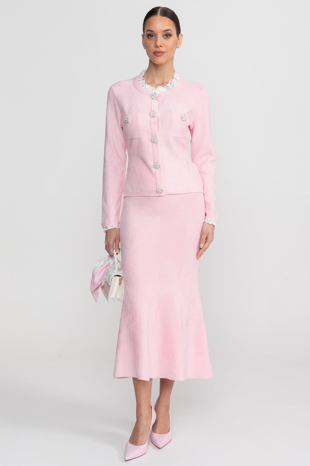Lace Trim Knit Cardigan and Midi Skirt Co-ord with Crystal Buttons – Blush Pink
