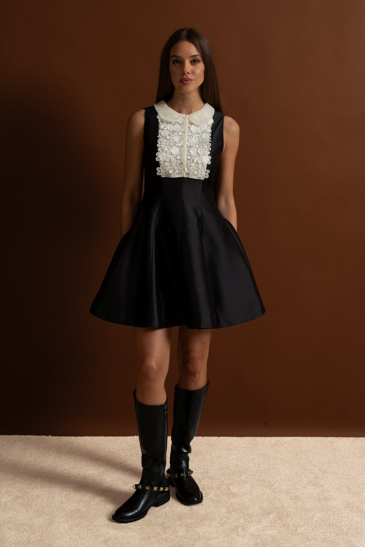 Peter Pan Collar A-Line Mini Dress with Lace Bib – Black – view 4