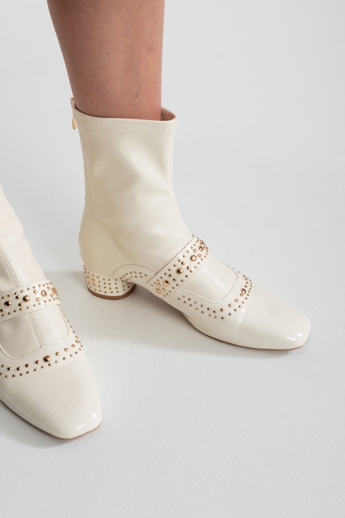 Studded Patent Ankle Boots with Adjustable Strap – Ivory – view 3