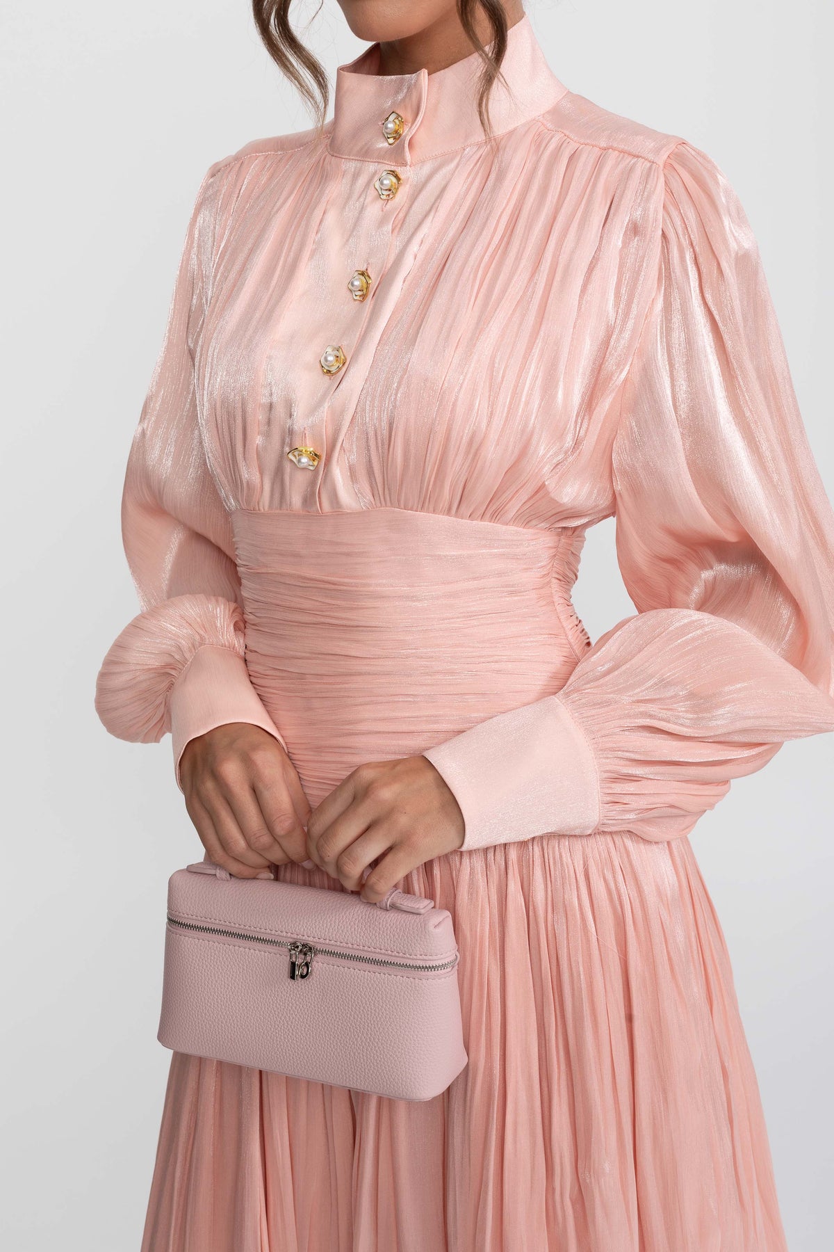 Balloon Sleeve Tiered Maxi Dress with Jewelled Rose Buttons – Peach – view 5