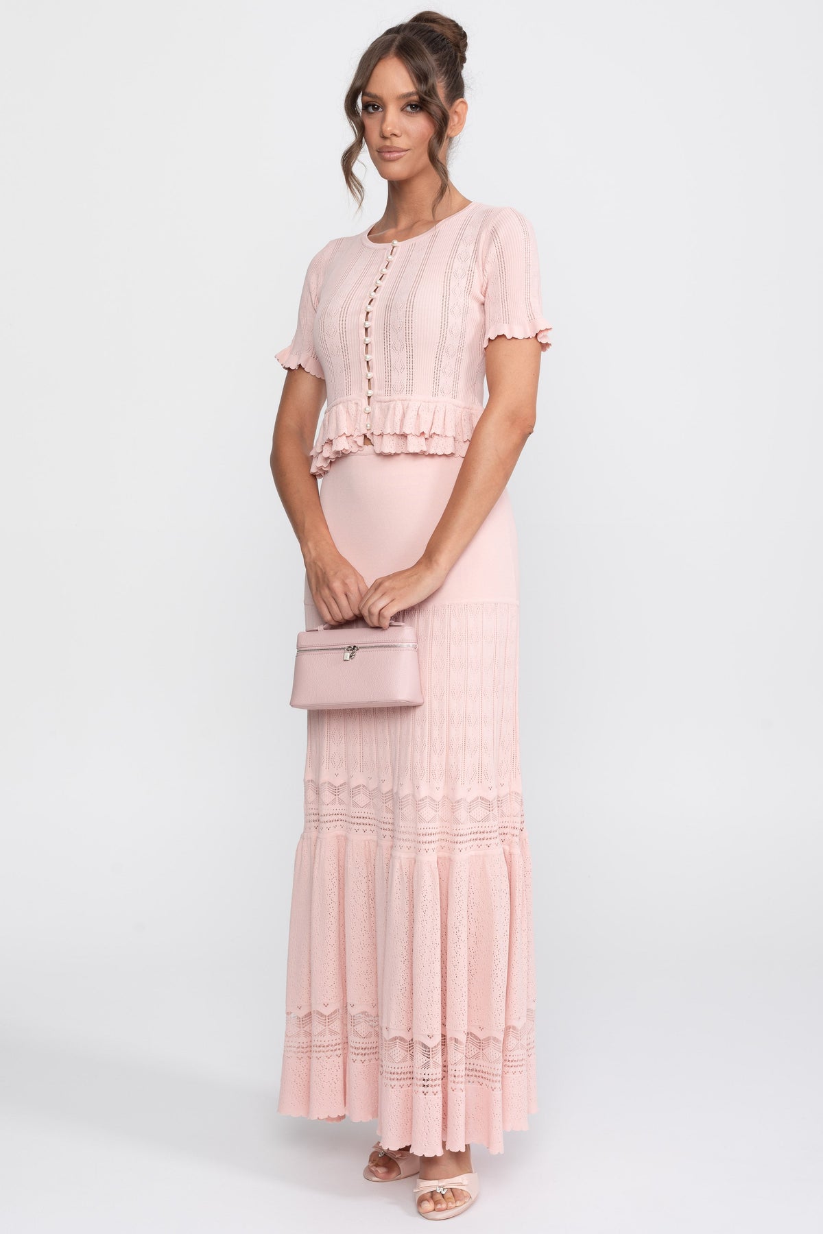 Ruffled Waist Knit Top and Maxi Skirt Set with Pearl Buttons – Pink – view 3