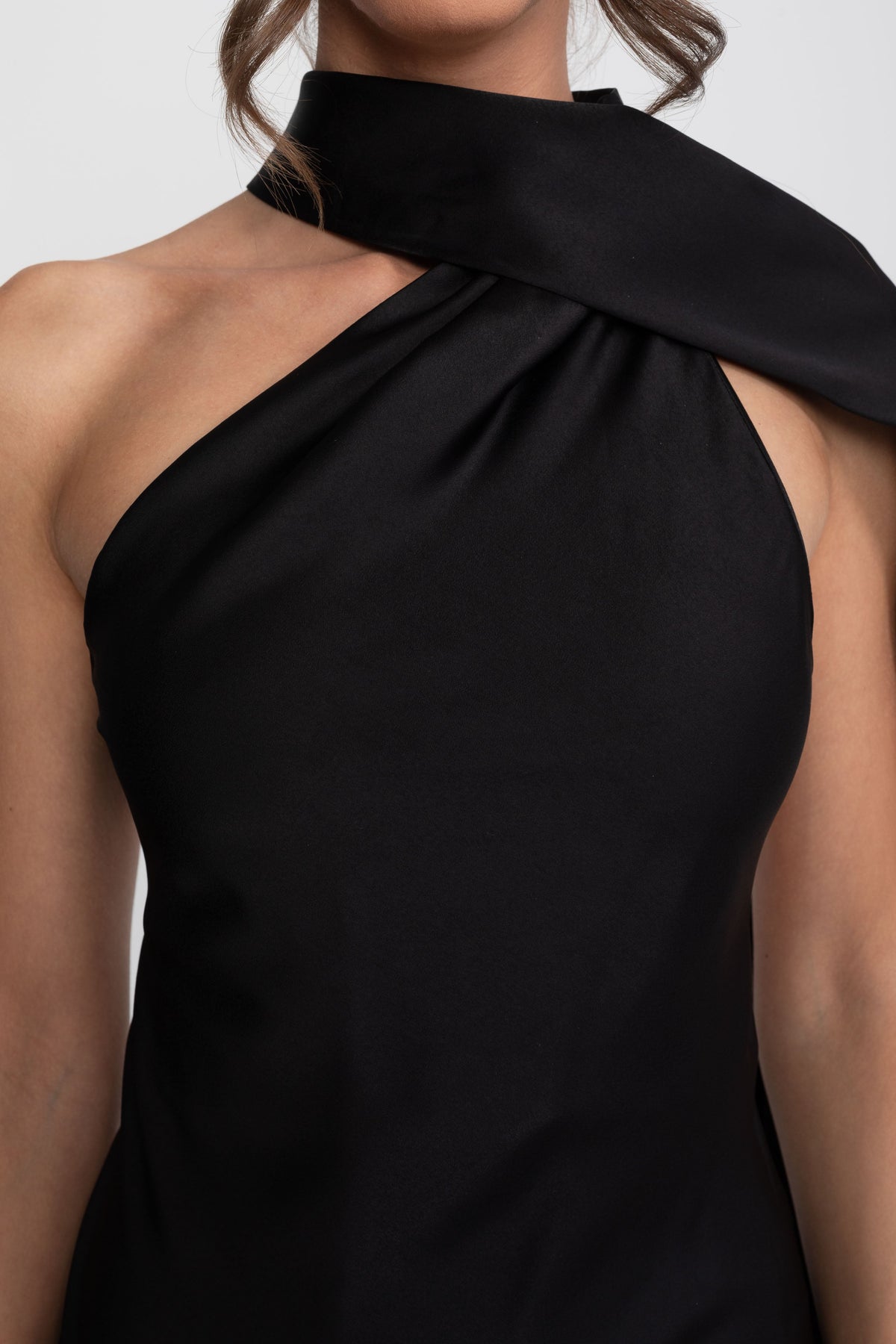 Twist Halter Satin Slip Dress with Asymmetric Neckline – Black – view 6