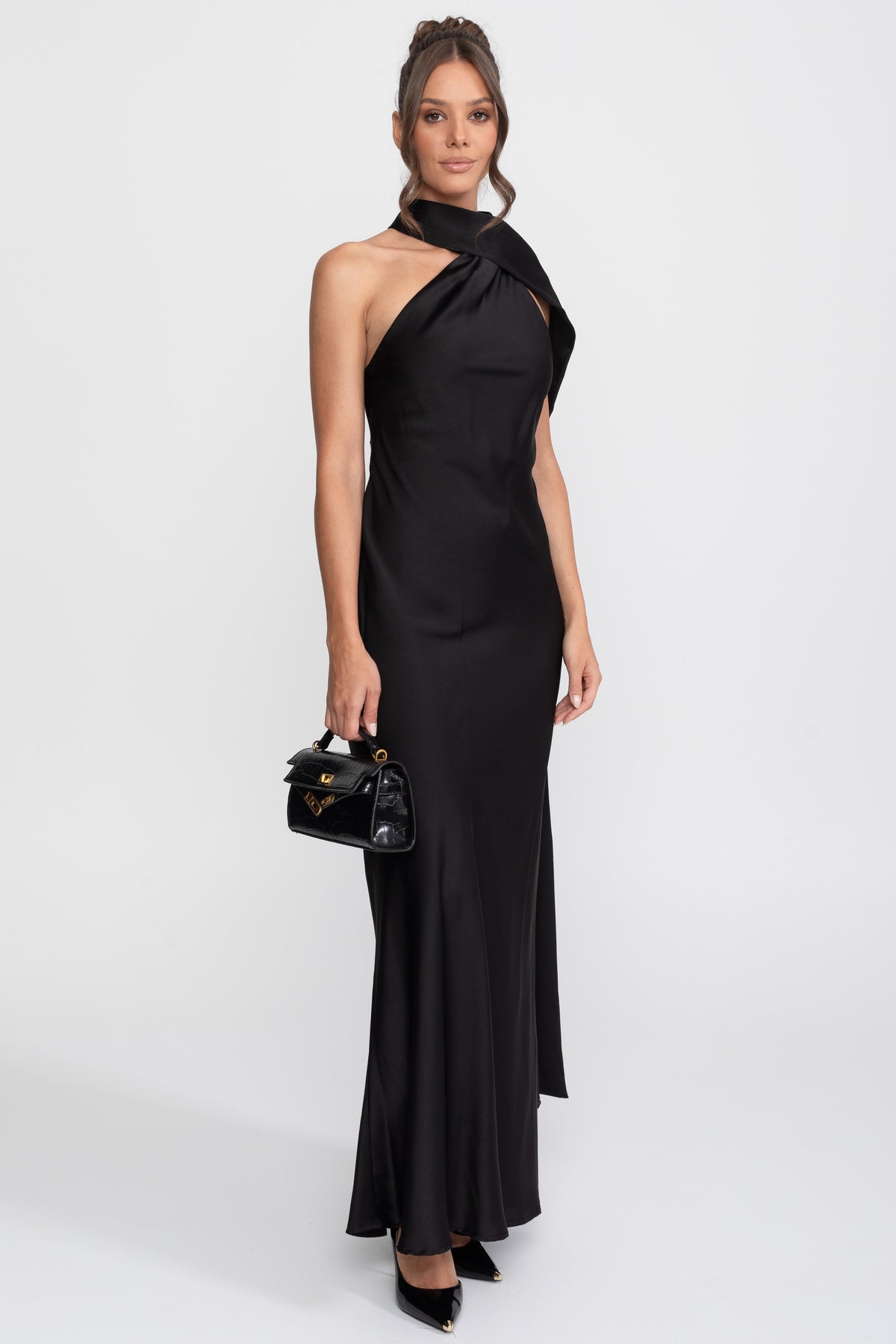 Twist Halter Satin Slip Dress with Asymmetric Neckline – Black – view 3