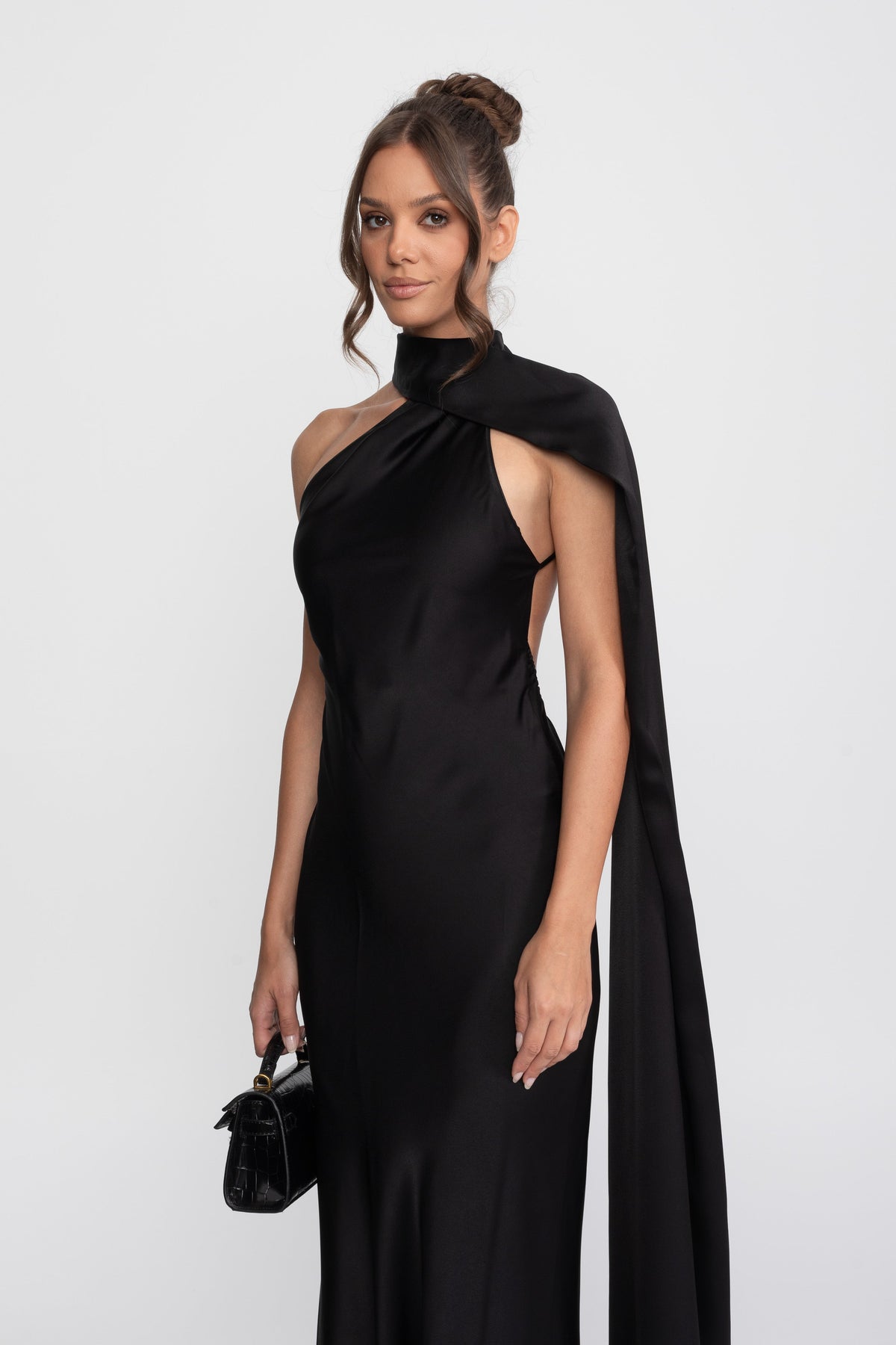 Twist Halter Satin Slip Dress with Asymmetric Neckline – Black – view 4