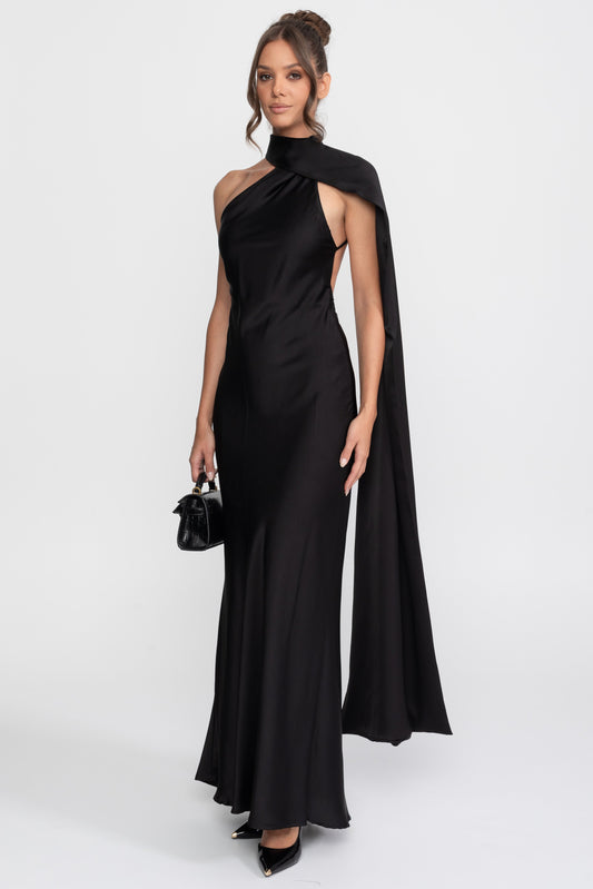 Twist Halter Satin Slip Dress with Asymmetric Neckline – Black – view 2