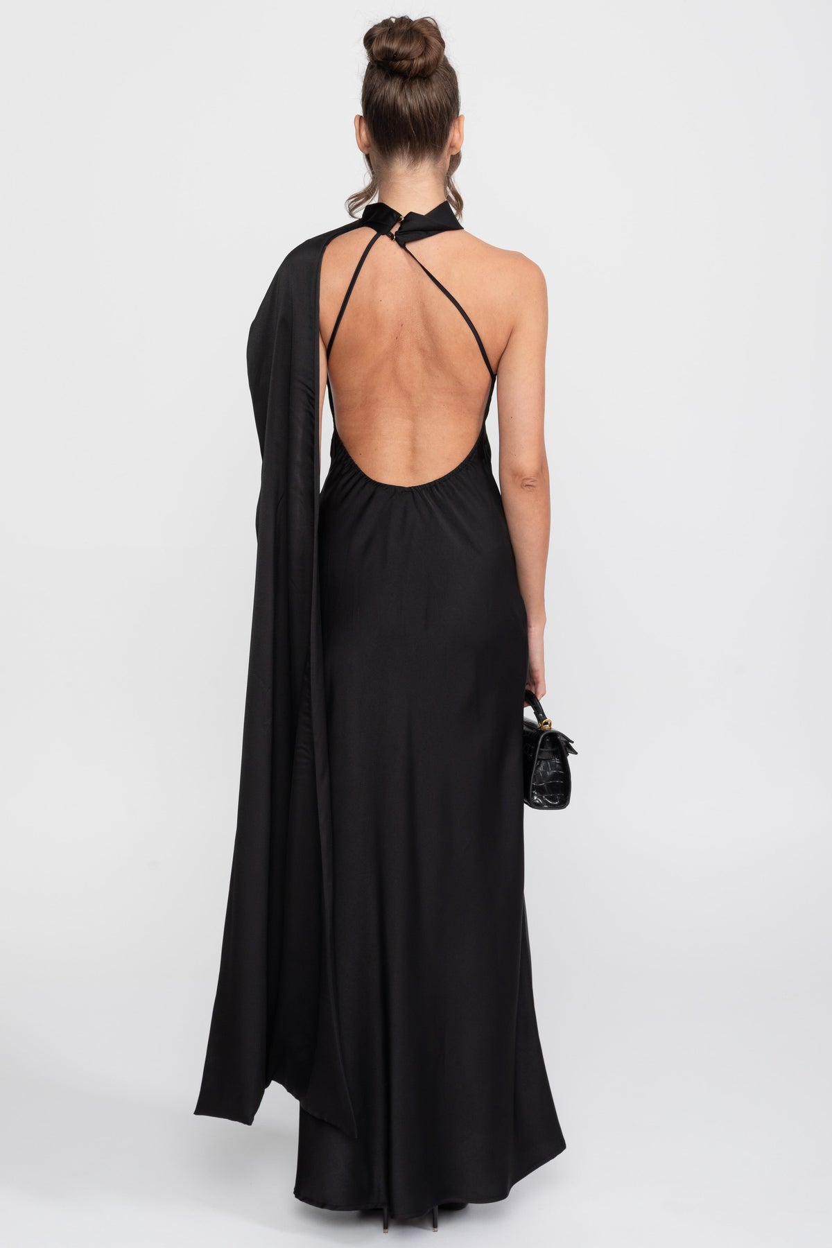Twist Halter Satin Slip Dress with Asymmetric Neckline – Black – view 7