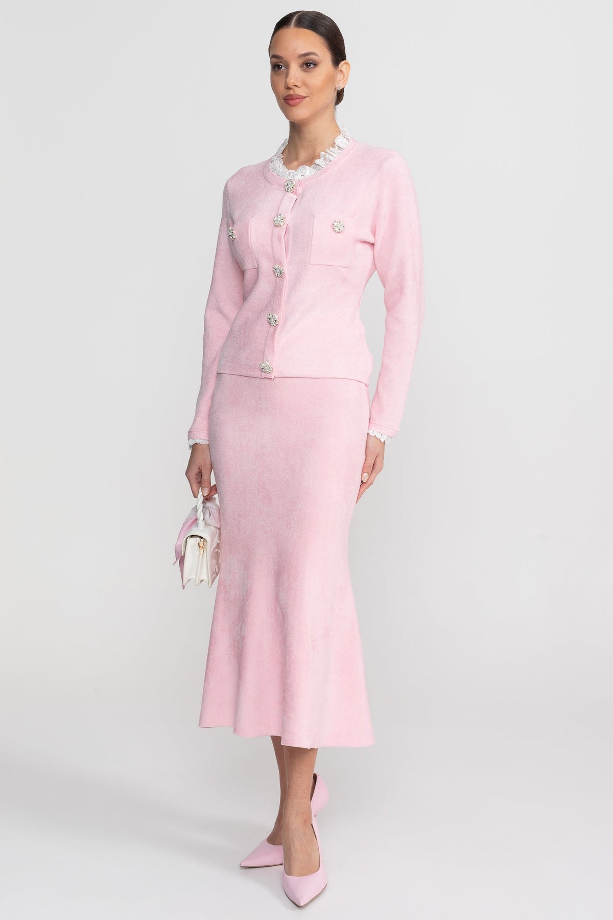 Lace Trim Knit Cardigan and Midi Skirt Co-ord with Crystal Buttons – Blush Pink