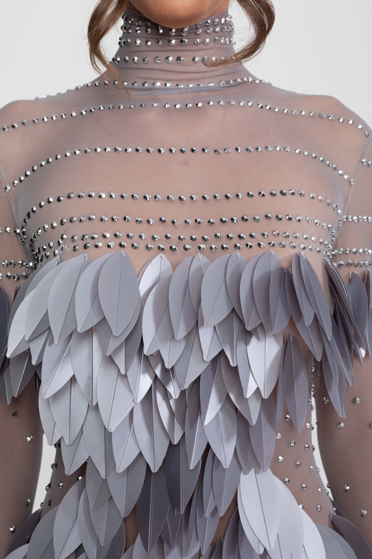 Sheer Mesh Feather-Panel Mini Dress with Crystal Mock Neck – Grey – view 8