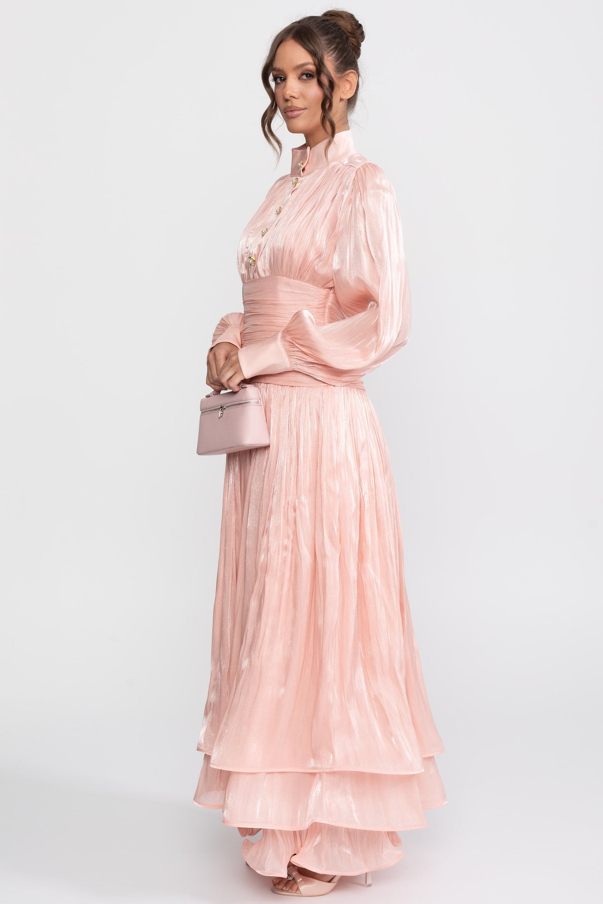 Balloon Sleeve Tiered Maxi Dress with Jewelled Rose Buttons – Peach – view 7
