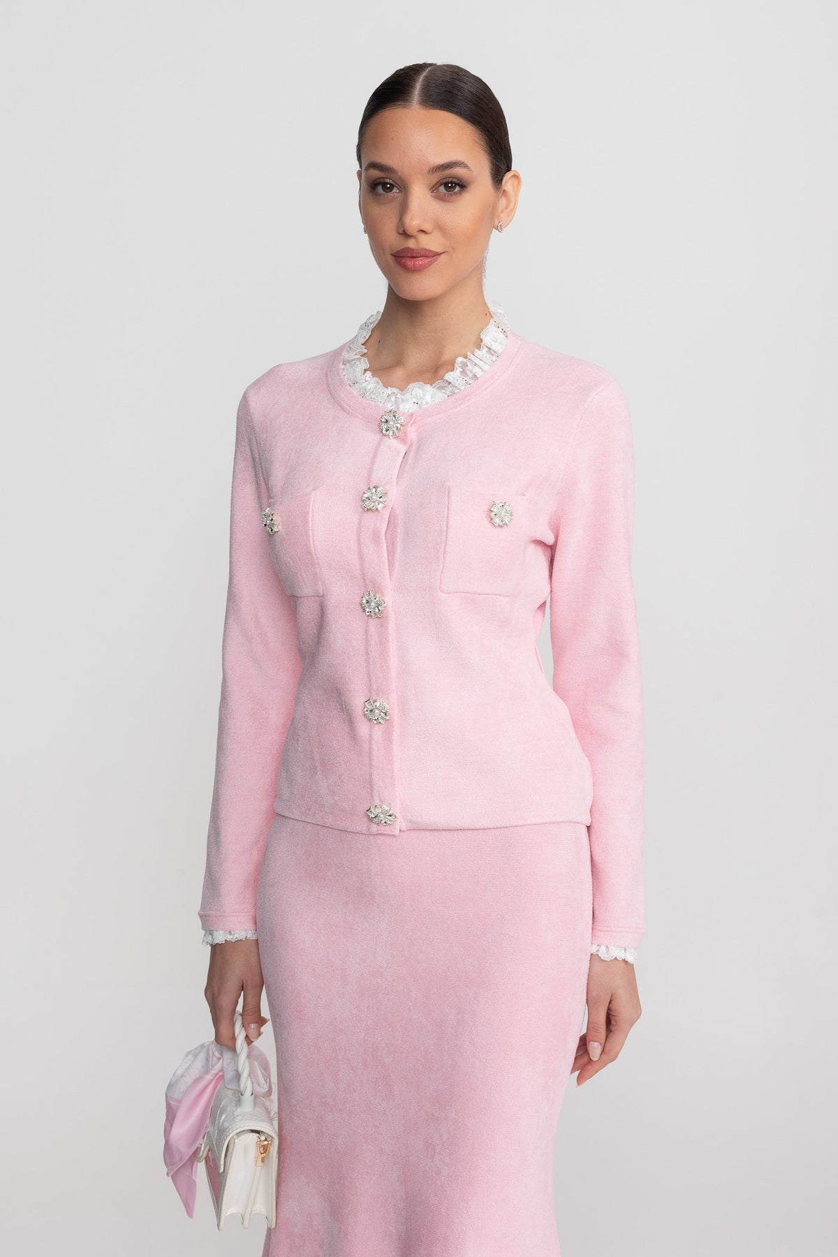Lace Trim Knit Cardigan and Midi Skirt Co-ord with Crystal Buttons – Blush Pink