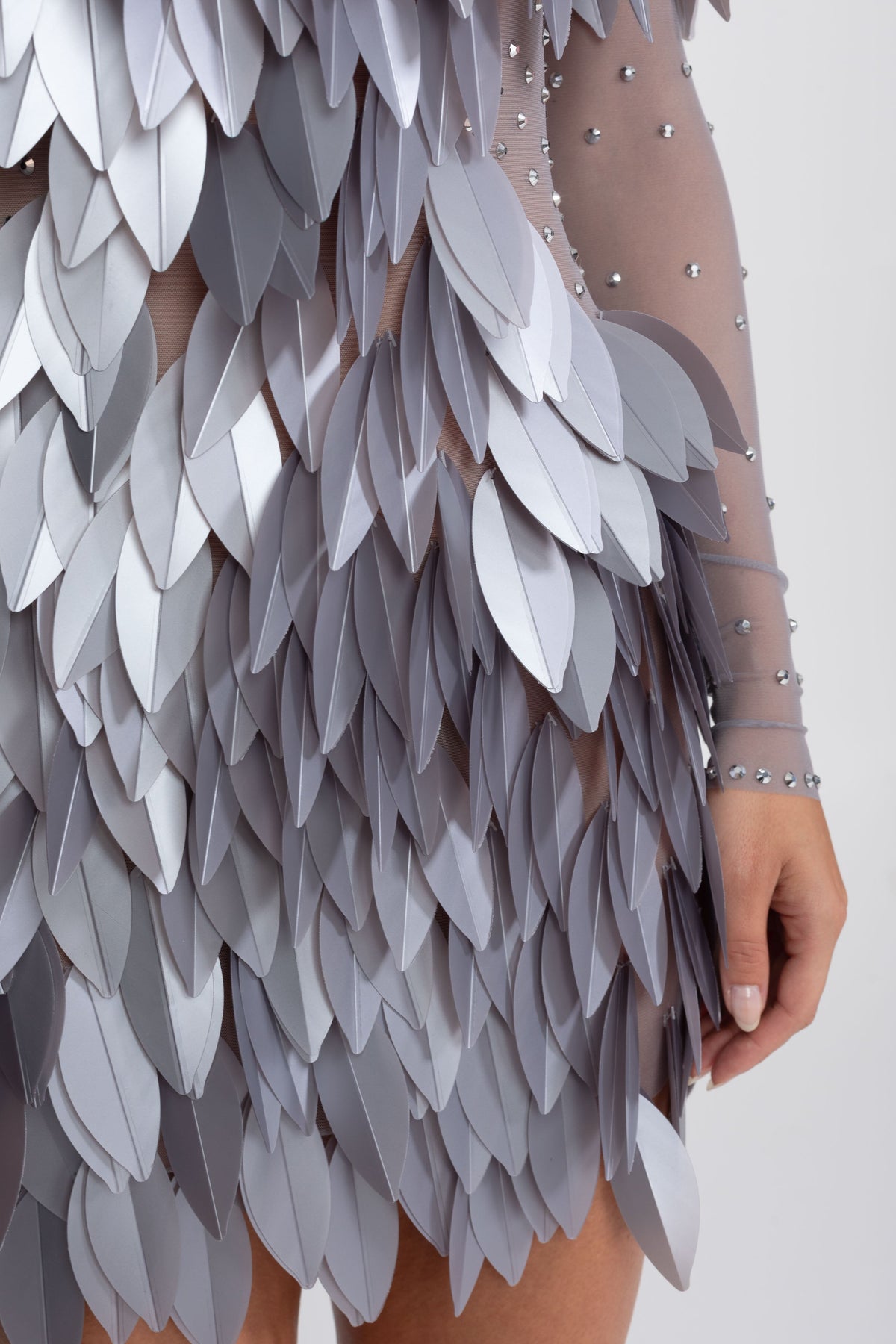 Sheer Mesh Feather-Panel Mini Dress with Crystal Mock Neck – Grey – view 9