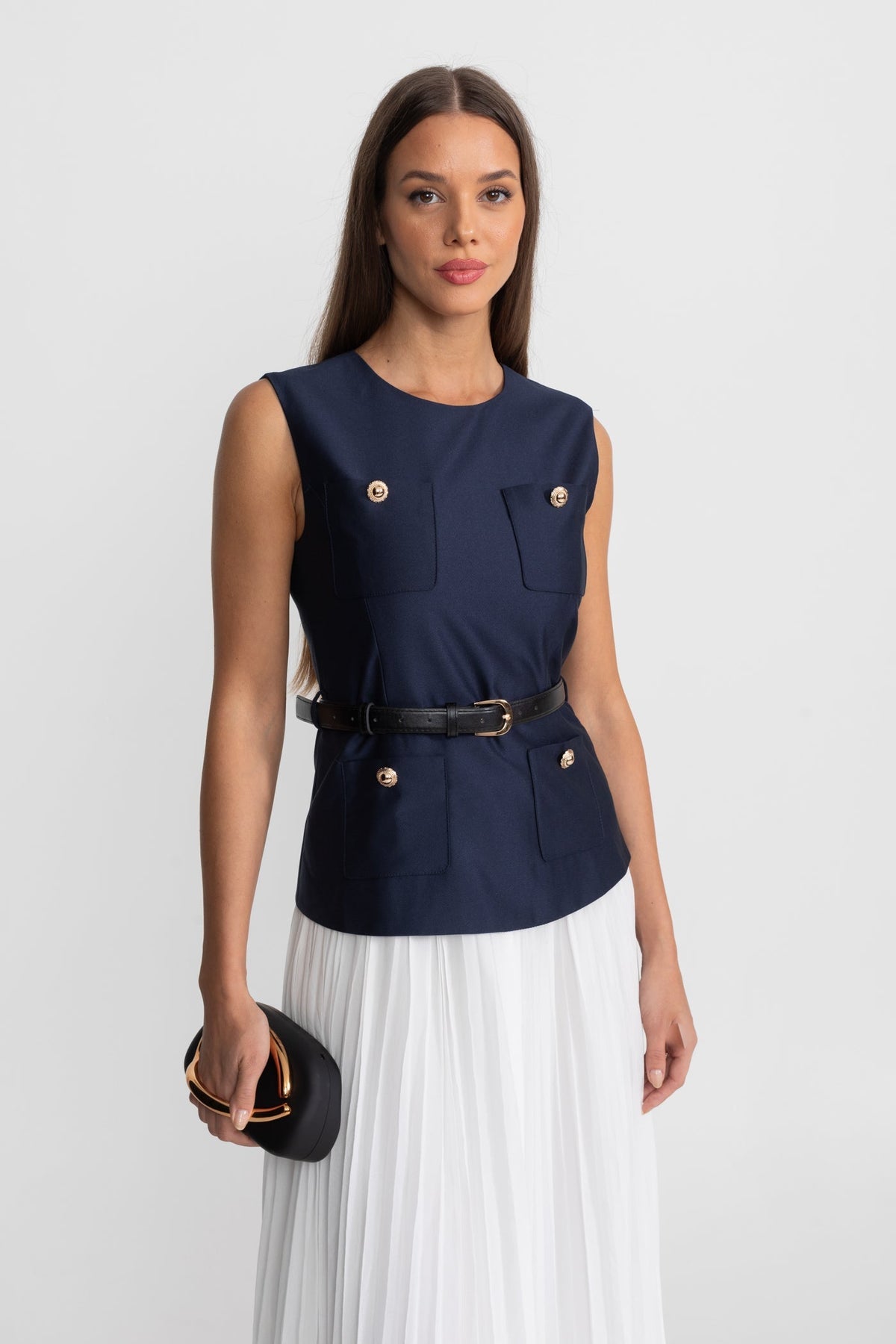 Sleeveless Belted Midi Dress with Pleated Chiffon Skirt – Navy – view 5