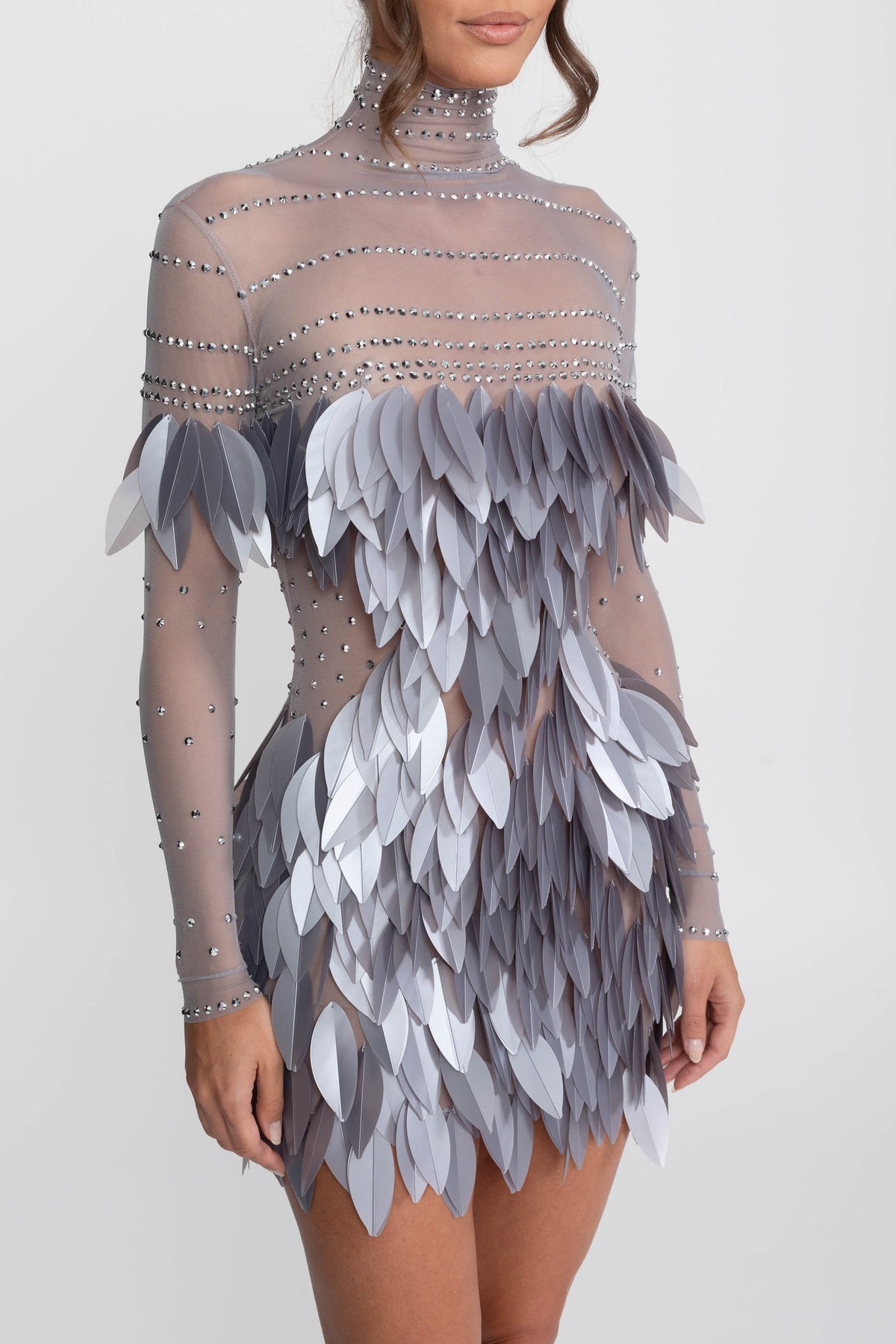 Sheer Mesh Feather-Panel Mini Dress with Crystal Mock Neck – Grey – view 4