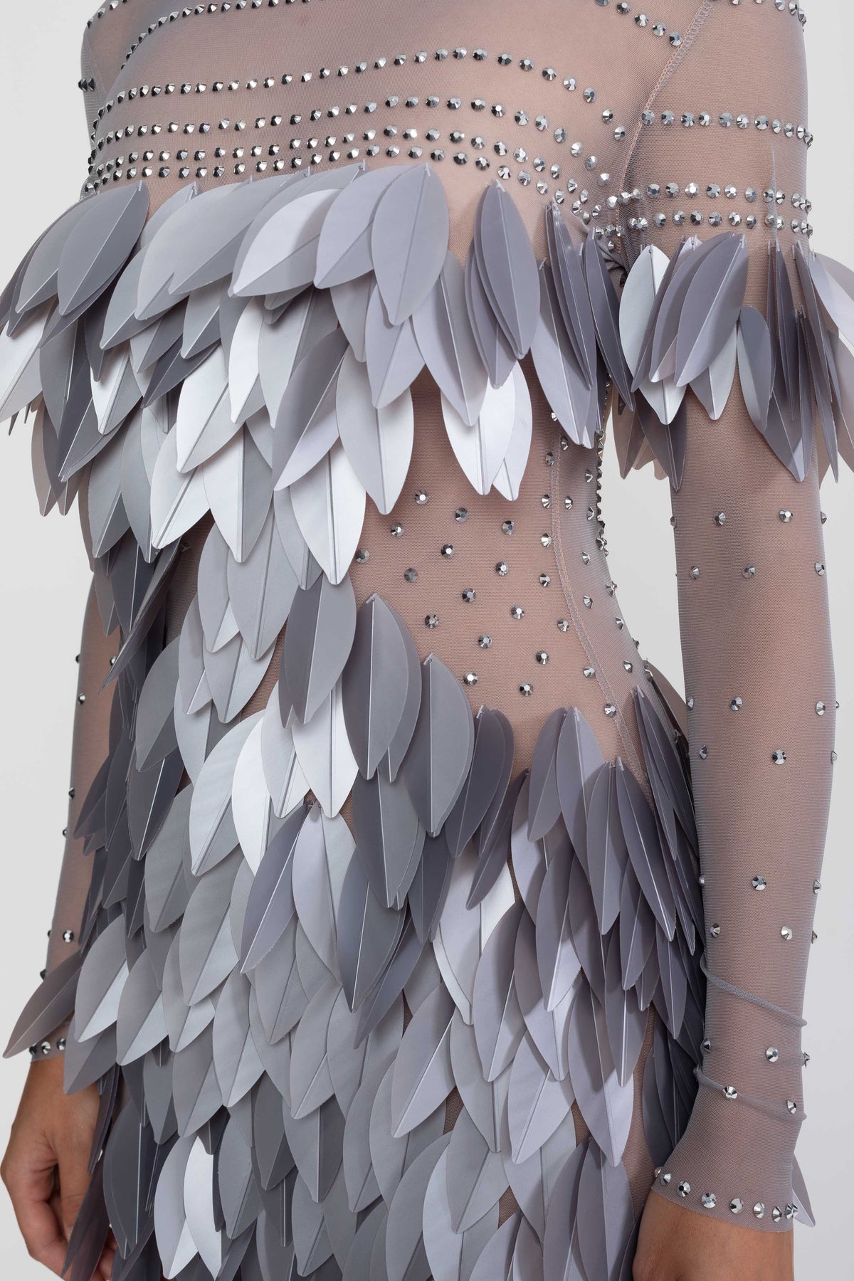 Sheer Mesh Feather-Panel Mini Dress with Crystal Mock Neck – Grey – view 7