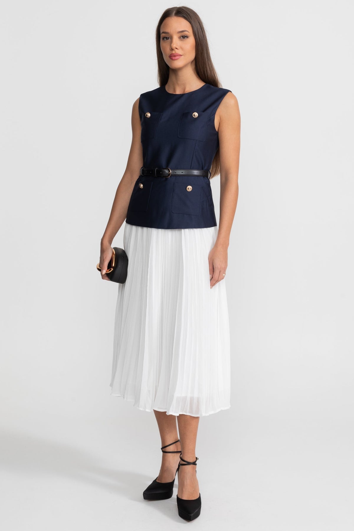 Sleeveless Belted Midi Dress with Pleated Chiffon Skirt – Navy