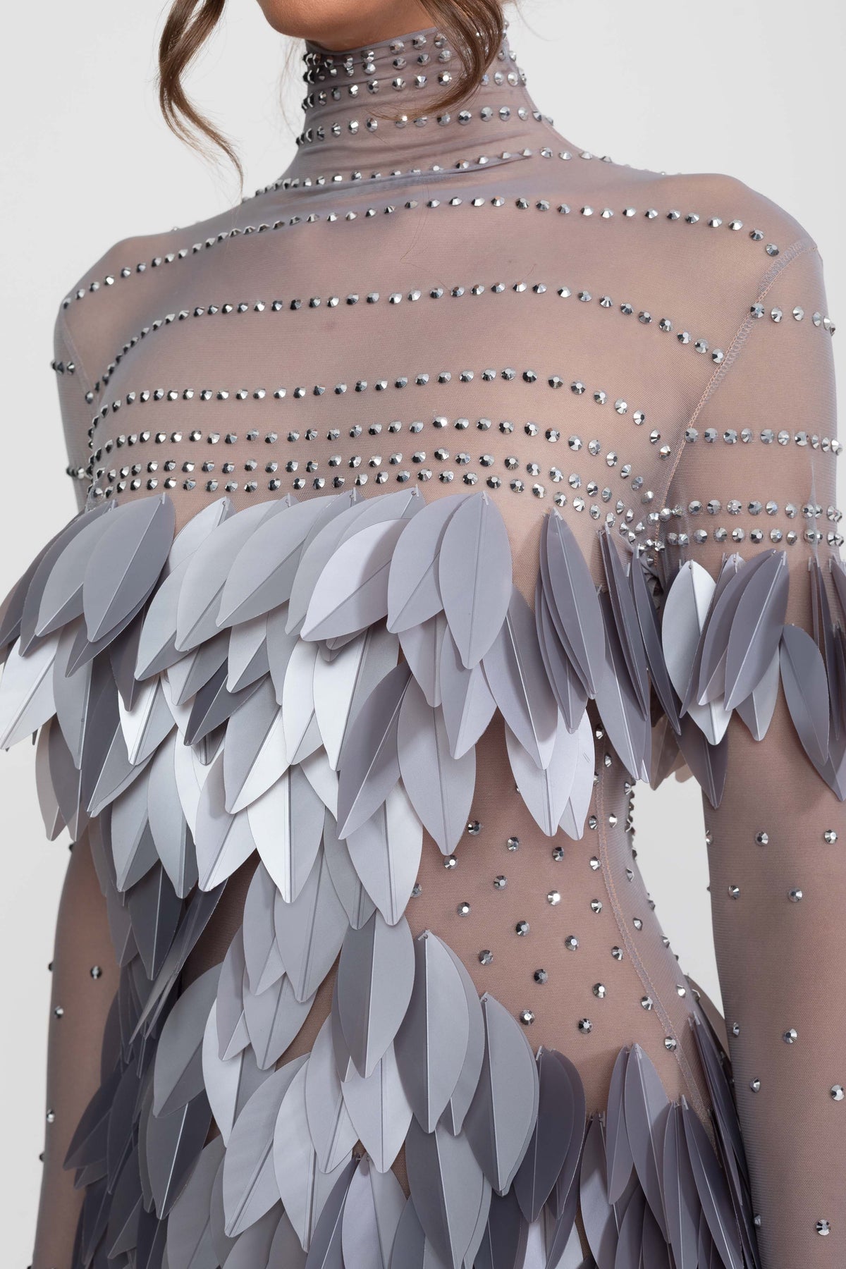 Sheer Mesh Feather-Panel Mini Dress with Crystal Mock Neck – Grey – view 5
