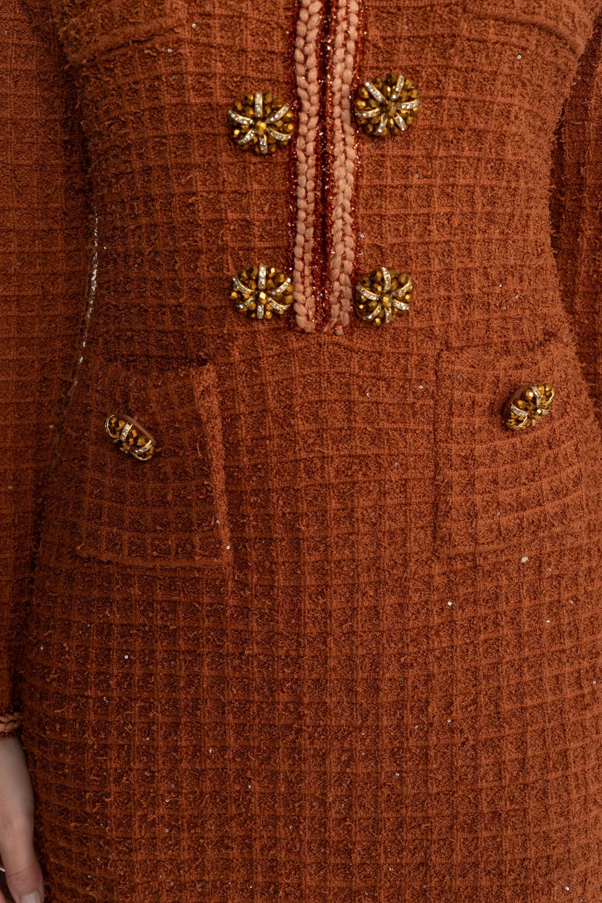 Long Sleeve Tweed Midi Dress with Crystal Buttons – Rust – view 6