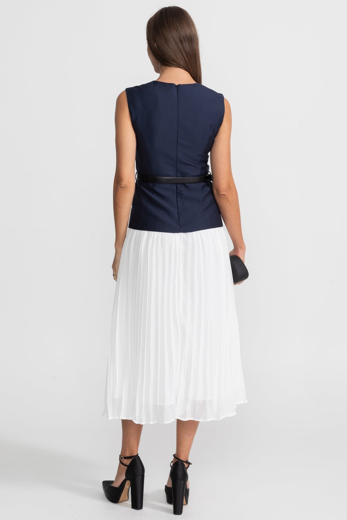 Sleeveless Belted Midi Dress with Pleated Chiffon Skirt – Navy – view 7