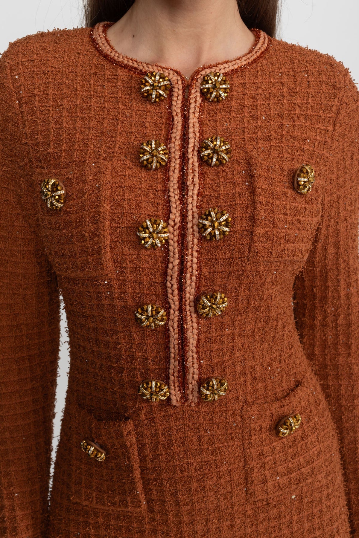 Long Sleeve Tweed Midi Dress with Crystal Buttons – Rust – view 4