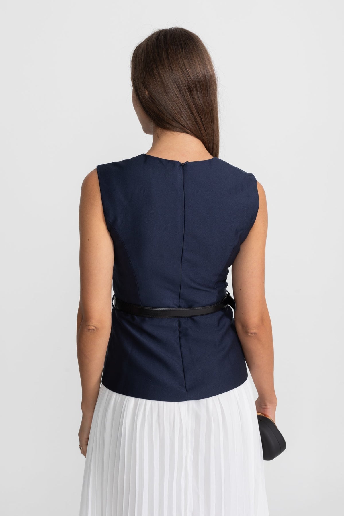 Sleeveless Belted Midi Dress with Pleated Chiffon Skirt – Navy
