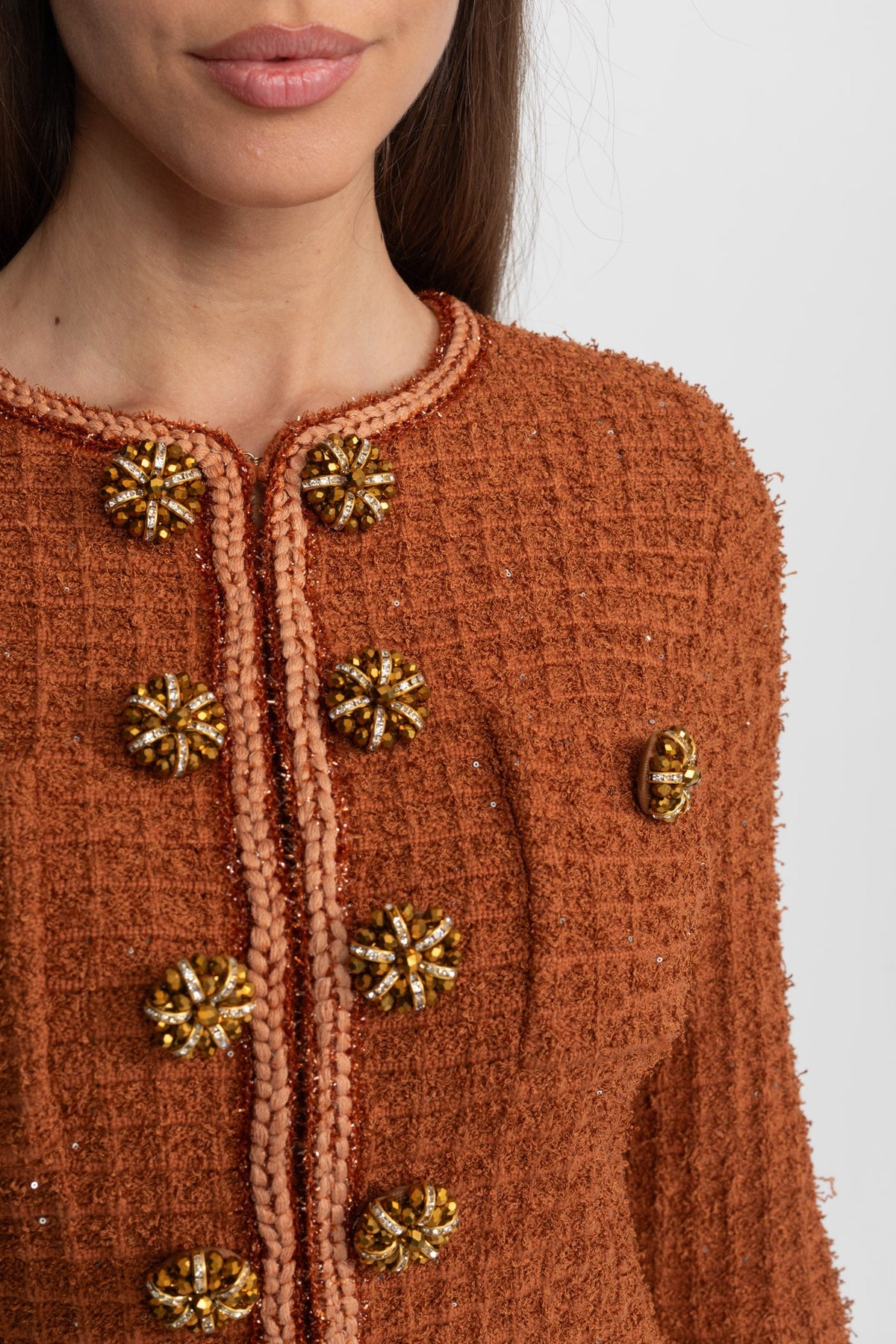 Long Sleeve Tweed Midi Dress with Crystal Buttons – Rust – view 5