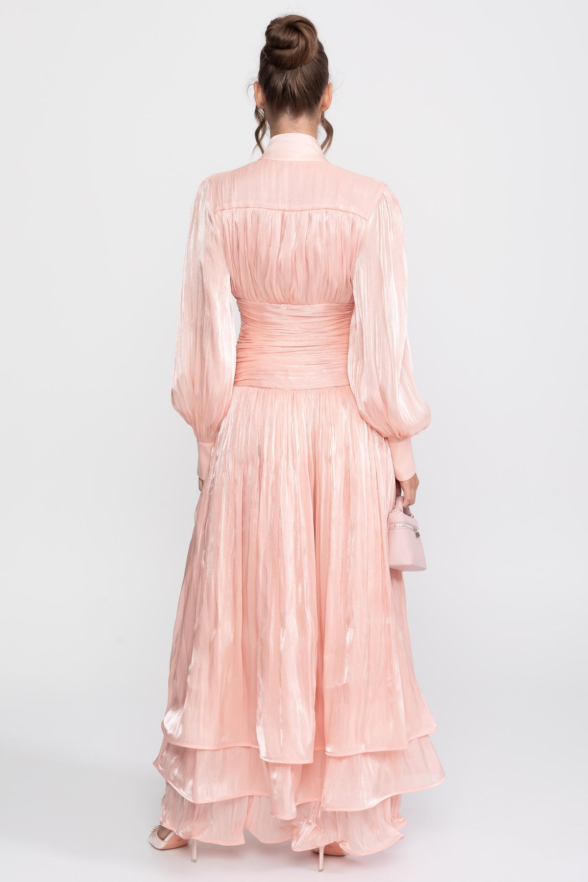 Balloon Sleeve Tiered Maxi Dress with Jewelled Rose Buttons – Peach – view 8