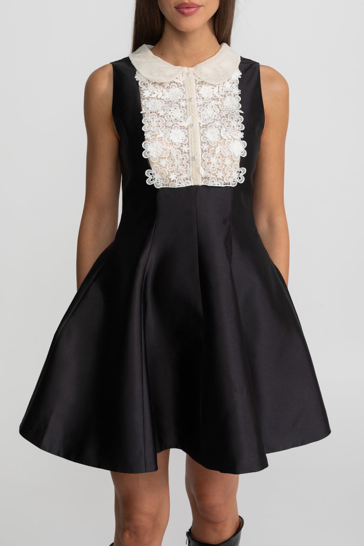 Peter Pan Collar A-Line Mini Dress with Lace Bib – Black – view 5