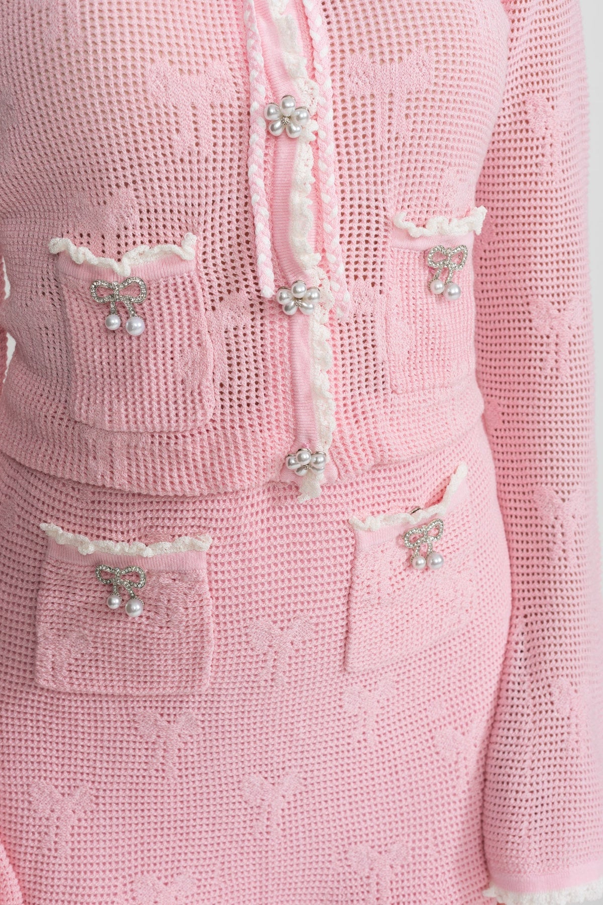 Bow Pattern Knit Mini Skirt Co-ord Set with Pearl Buttons – Baby Pink – view 5