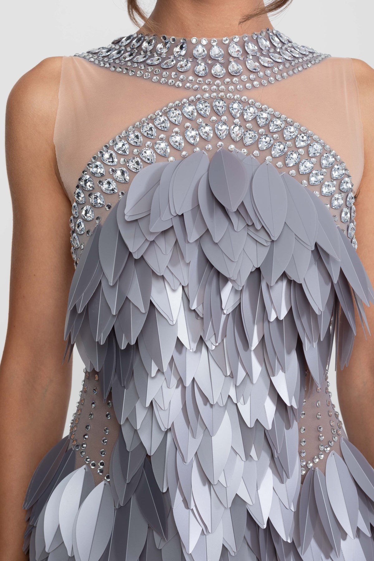 Sheer Mesh Feather Panel Mini Dress with Crystal Neckline – Grey