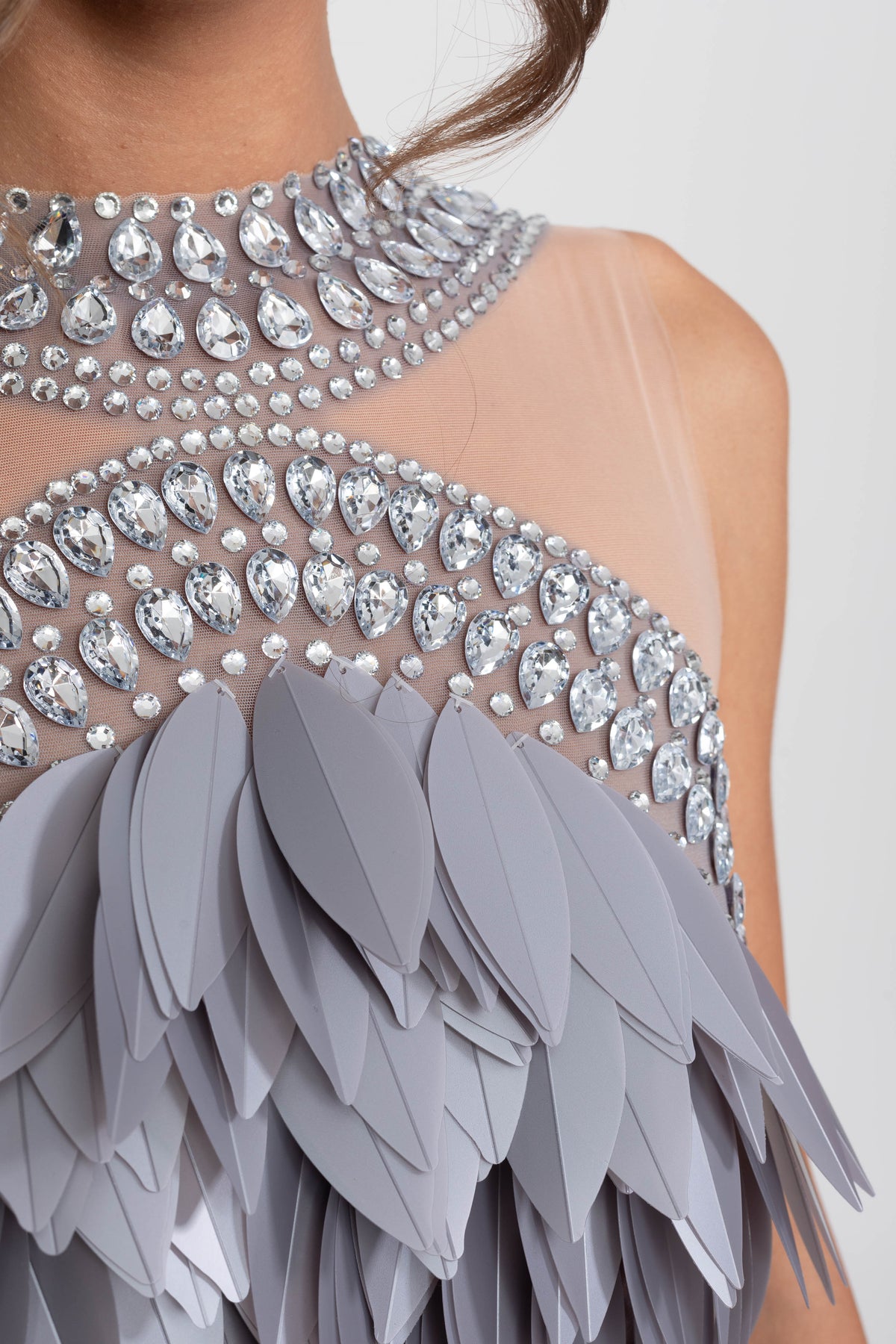 Sheer Mesh Feather Panel Mini Dress with Crystal Neckline – Grey