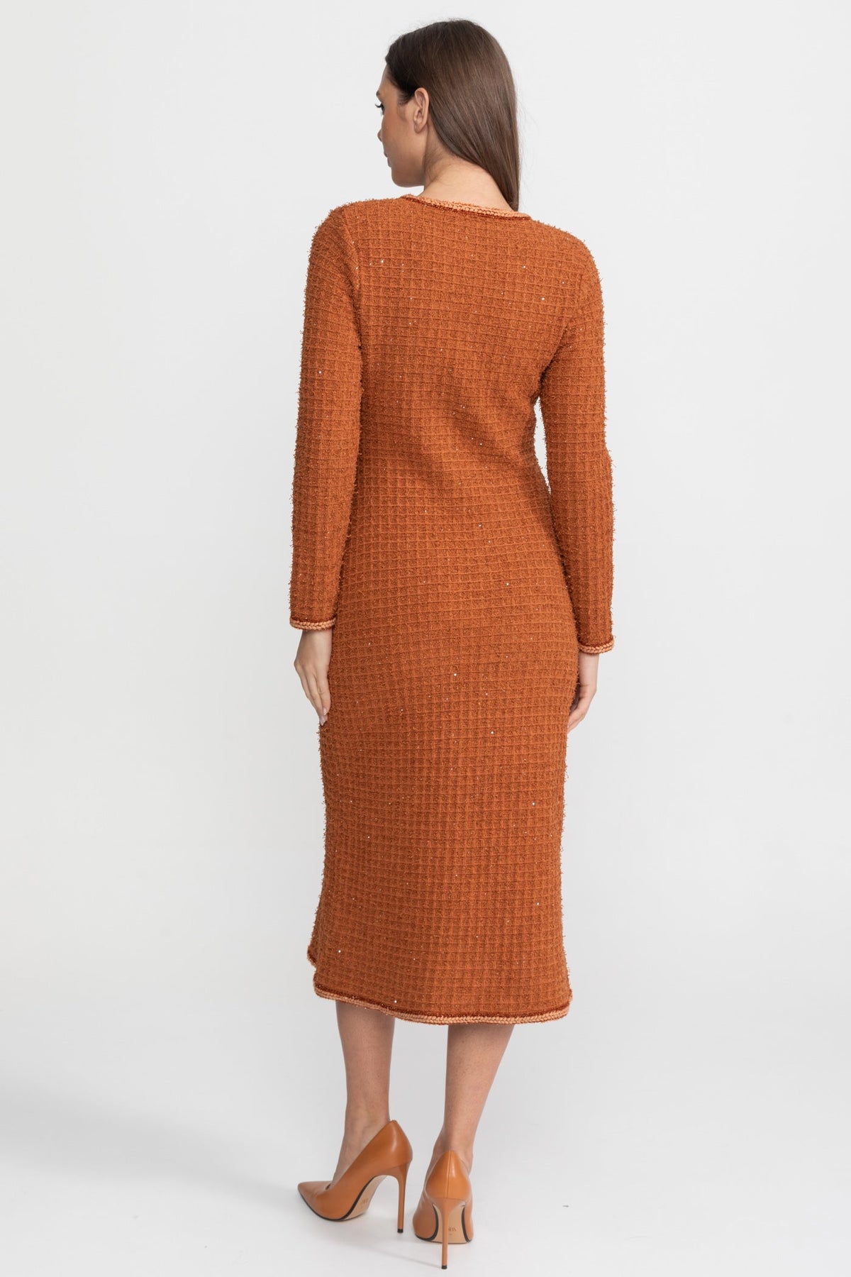 Long Sleeve Tweed Midi Dress with Crystal Buttons – Rust – view 7