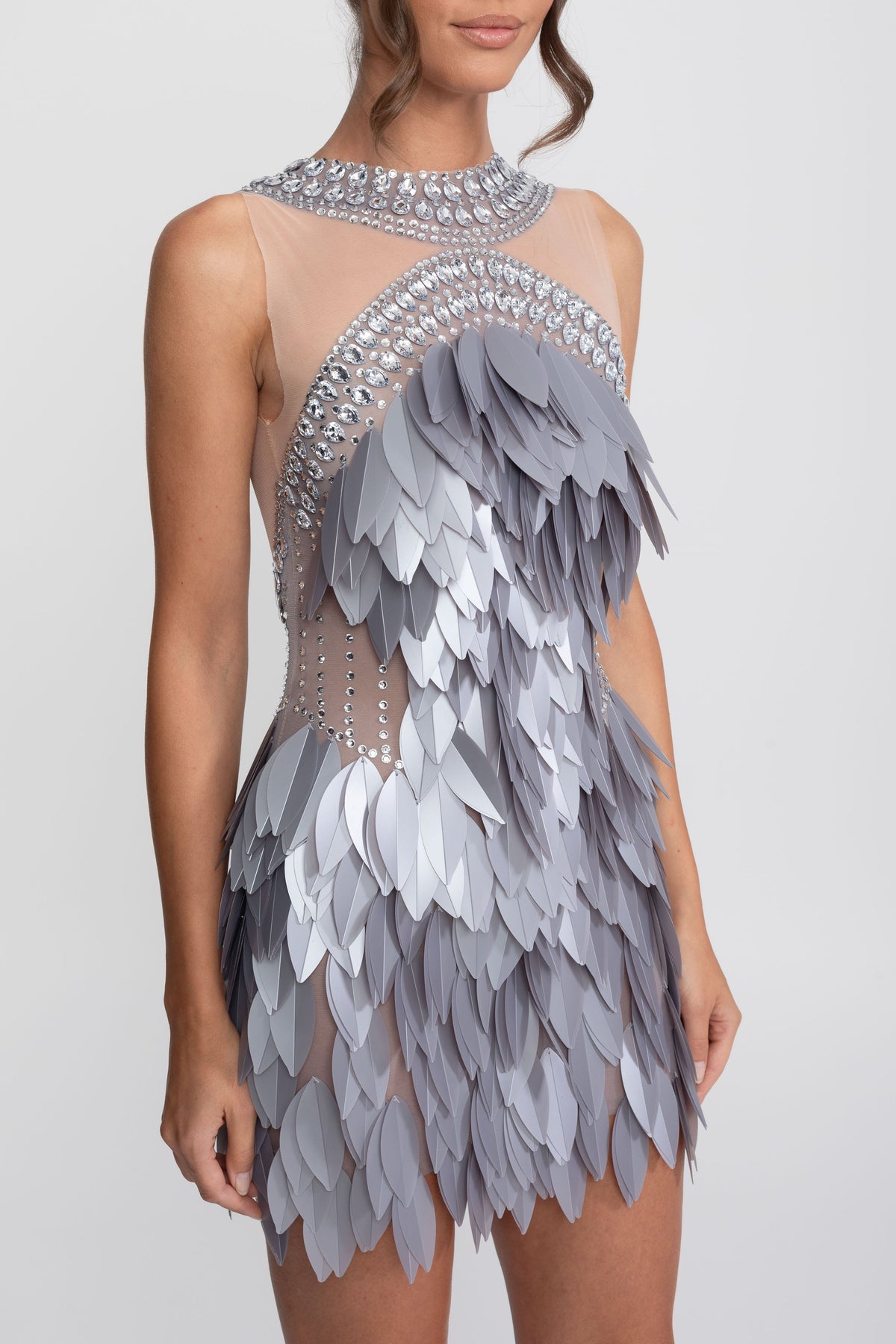 Sheer Mesh Feather Panel Mini Dress with Crystal Neckline – Grey