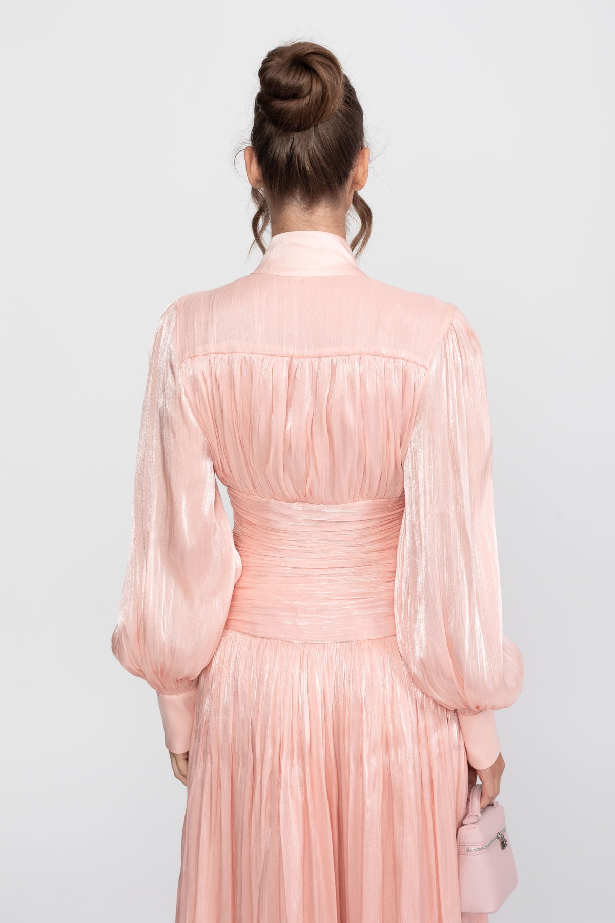 Balloon Sleeve Tiered Maxi Dress with Jewelled Rose Buttons – Peach