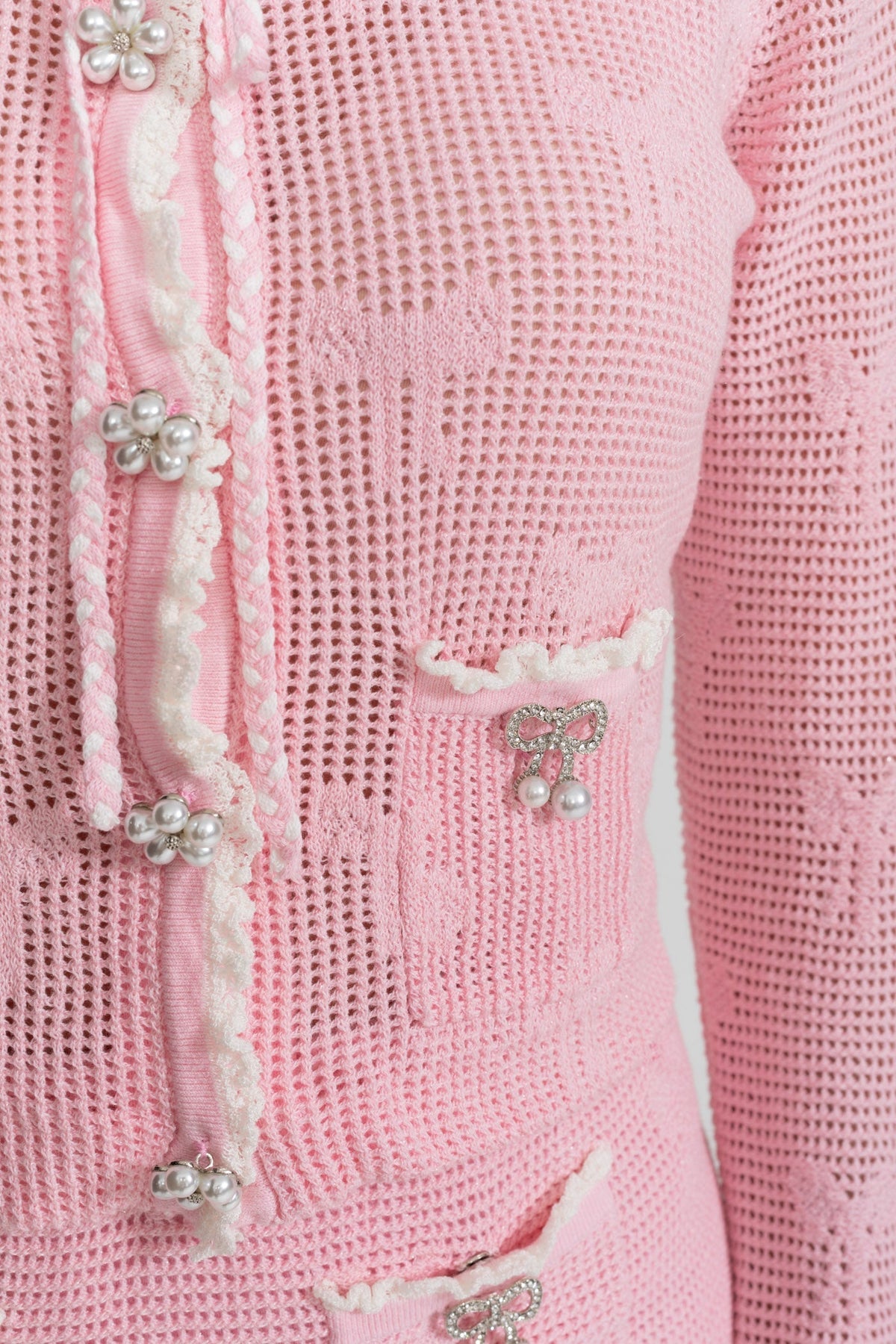 Bow Pattern Knit Mini Skirt Co-ord Set with Pearl Buttons – Baby Pink – view 6