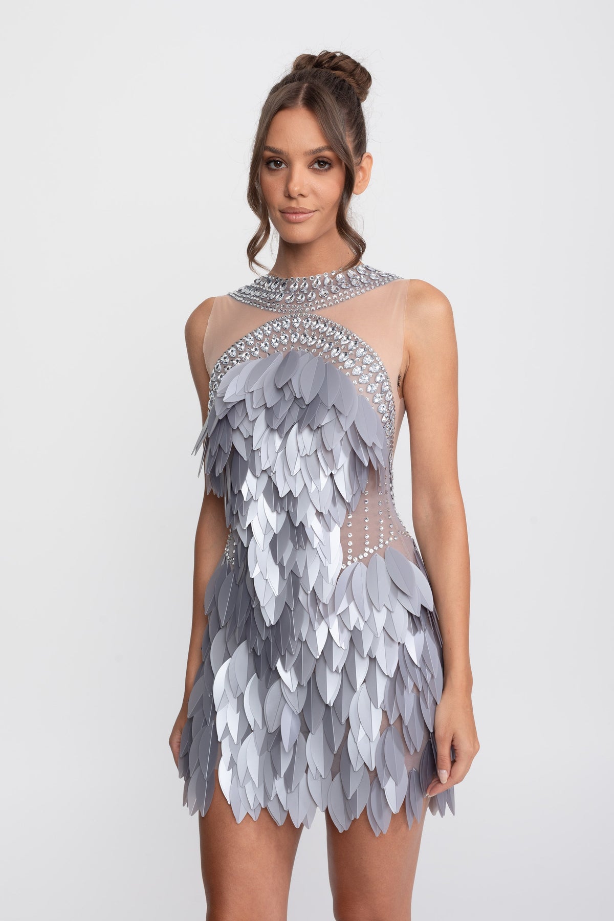 Sheer Mesh Feather Panel Mini Dress with Crystal Neckline – Grey