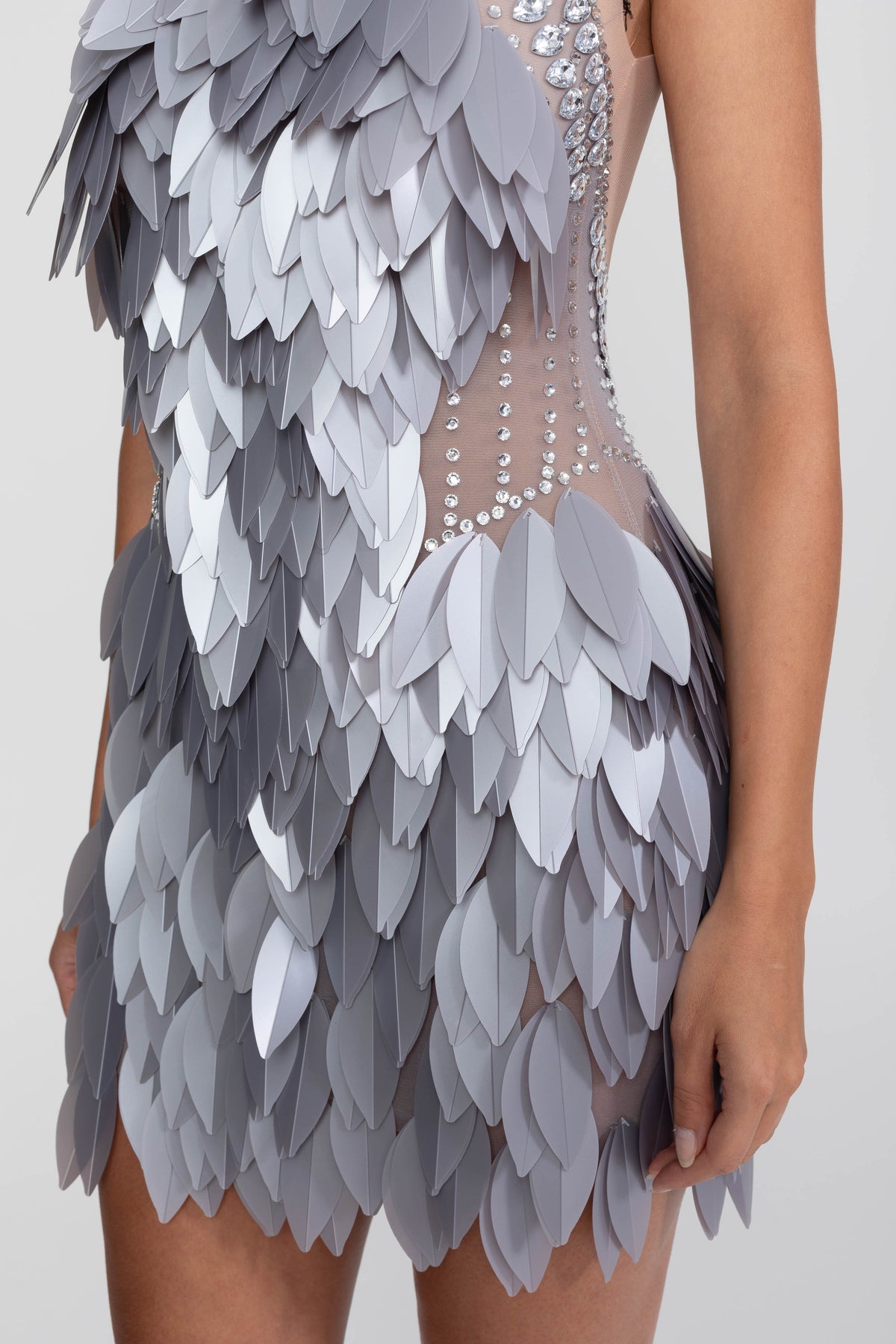 Sheer Mesh Feather Panel Mini Dress with Crystal Neckline – Grey – view 12
