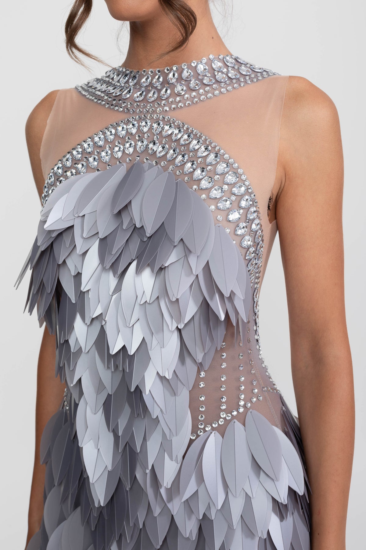 Sheer Mesh Feather Panel Mini Dress with Crystal Neckline – Grey