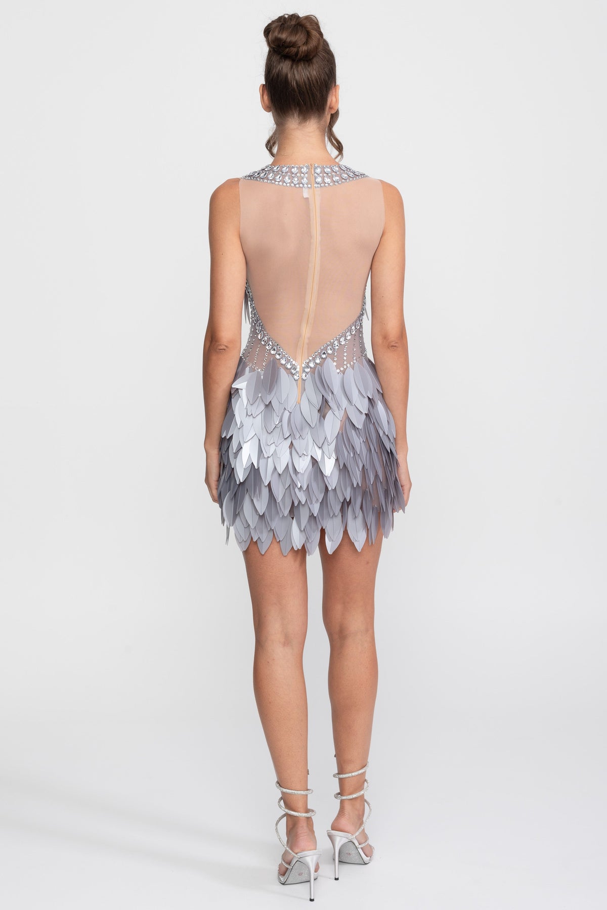 Sheer Mesh Feather Panel Mini Dress with Crystal Neckline – Grey – view 6