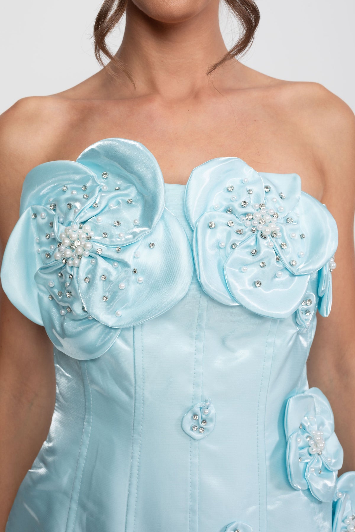 Strapless Satin Corset Mini Dress with 3D Floral Appliqués – Light Blue – view 3