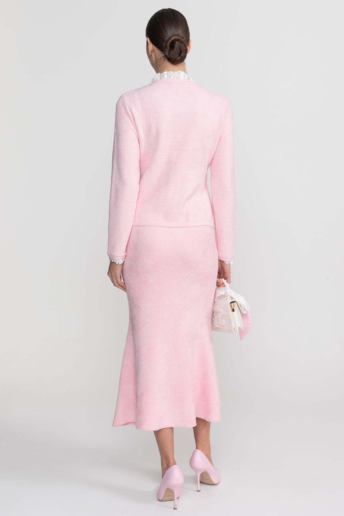 Lace Trim Knit Cardigan and Midi Skirt Co-ord with Crystal Buttons – Blush Pink – view 8