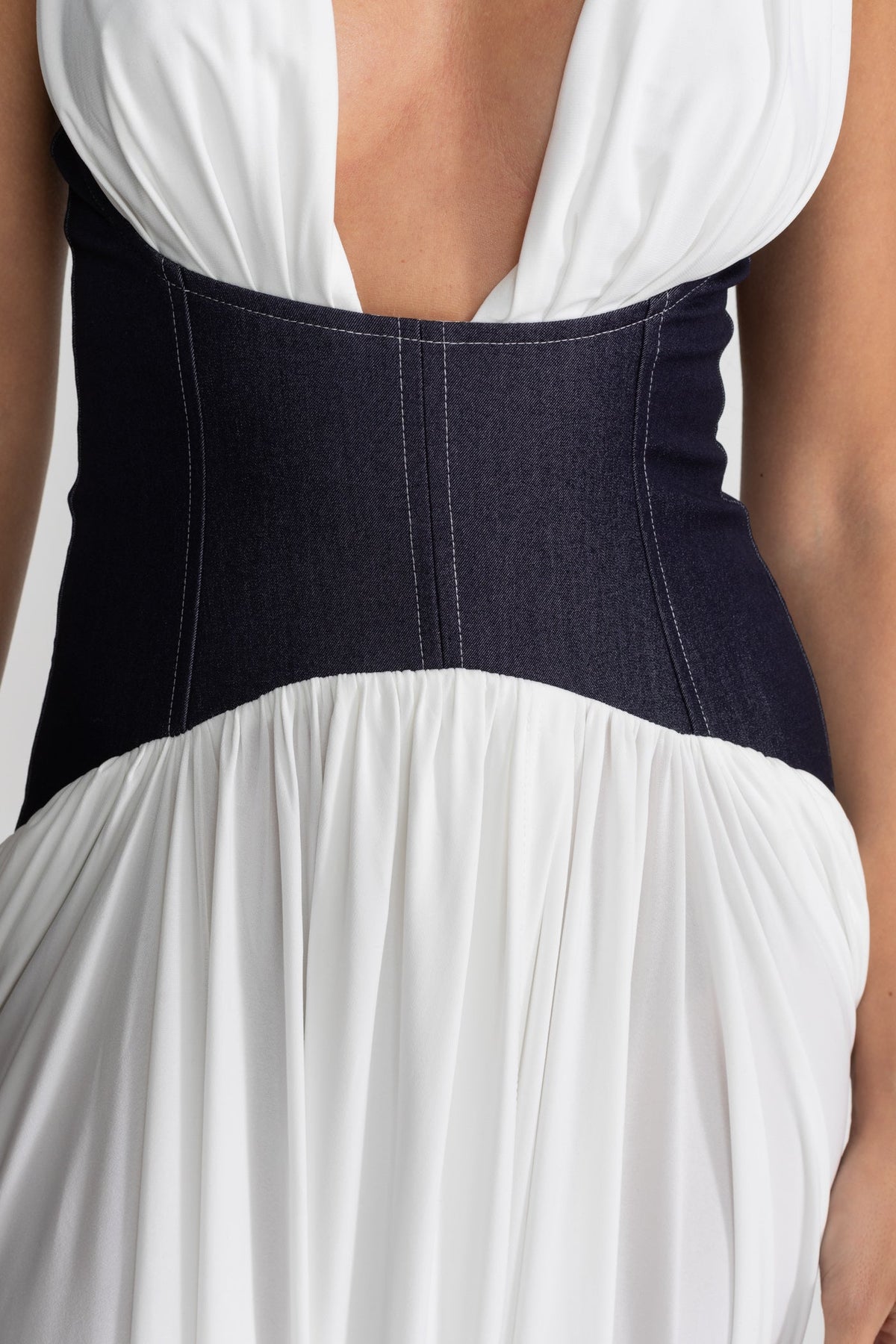 Halter Plunge Neck Draped Maxi Dress with Denim Corset Waist – White – view 6