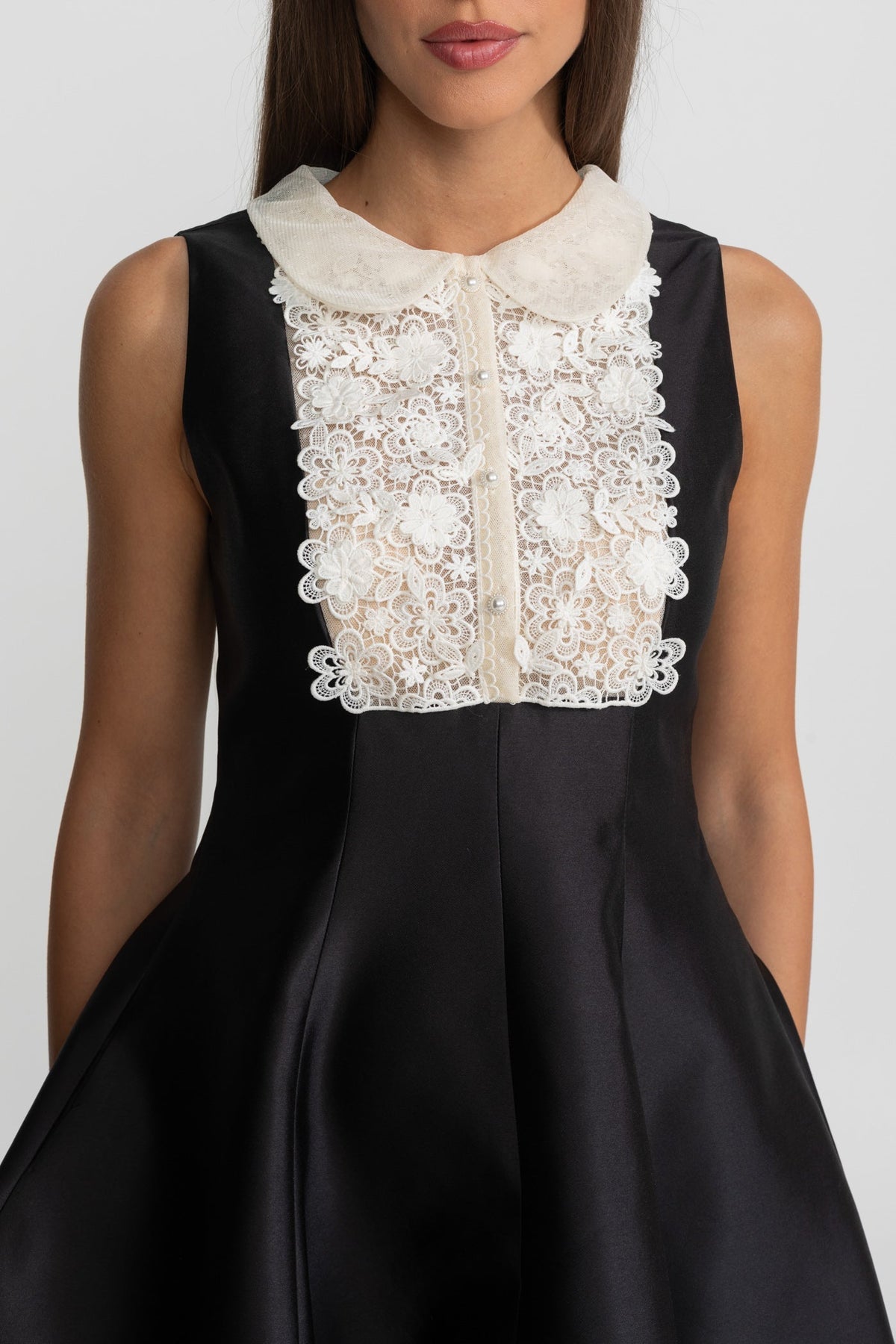 Peter Pan Collar A-Line Mini Dress with Lace Bib – Black