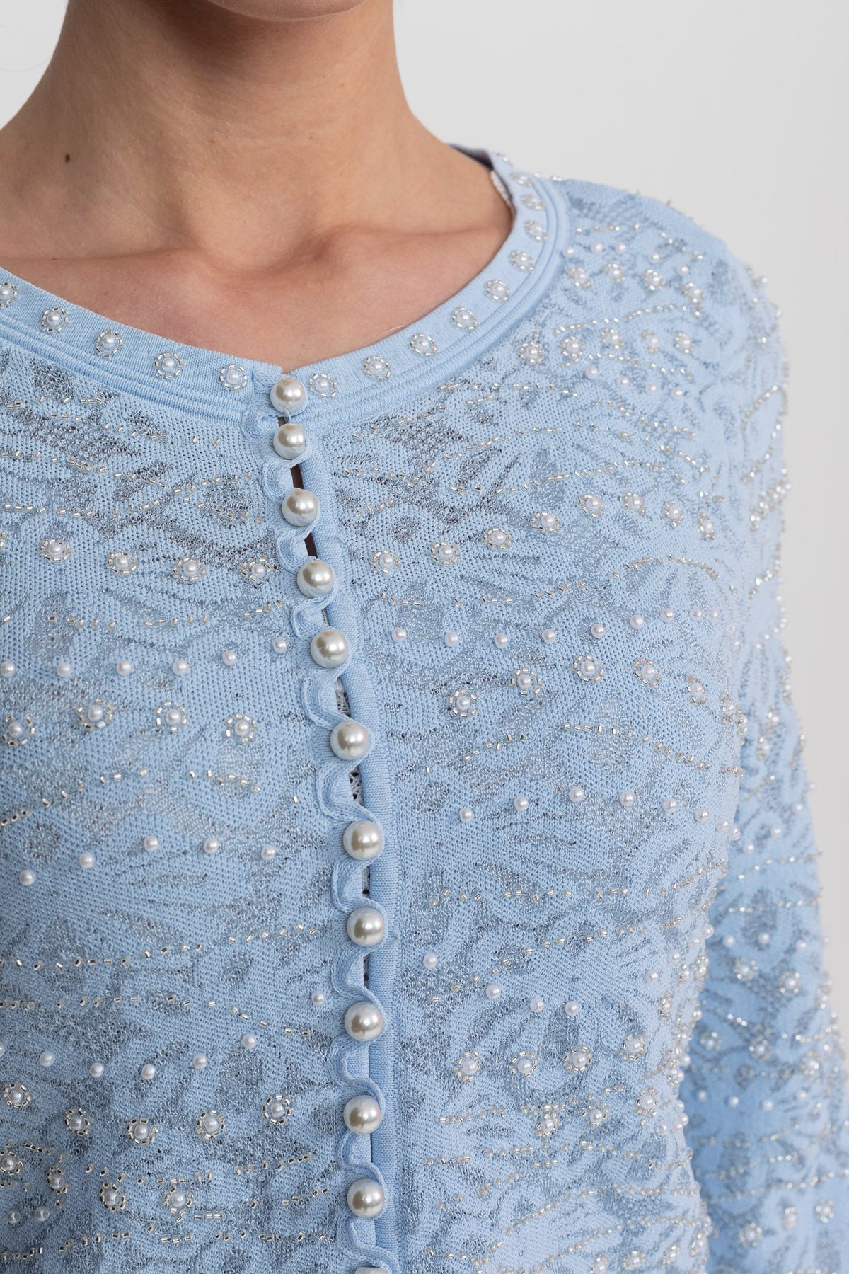 Beaded Lace Long Sleeve Cardigan with Pearl Buttons – Blue