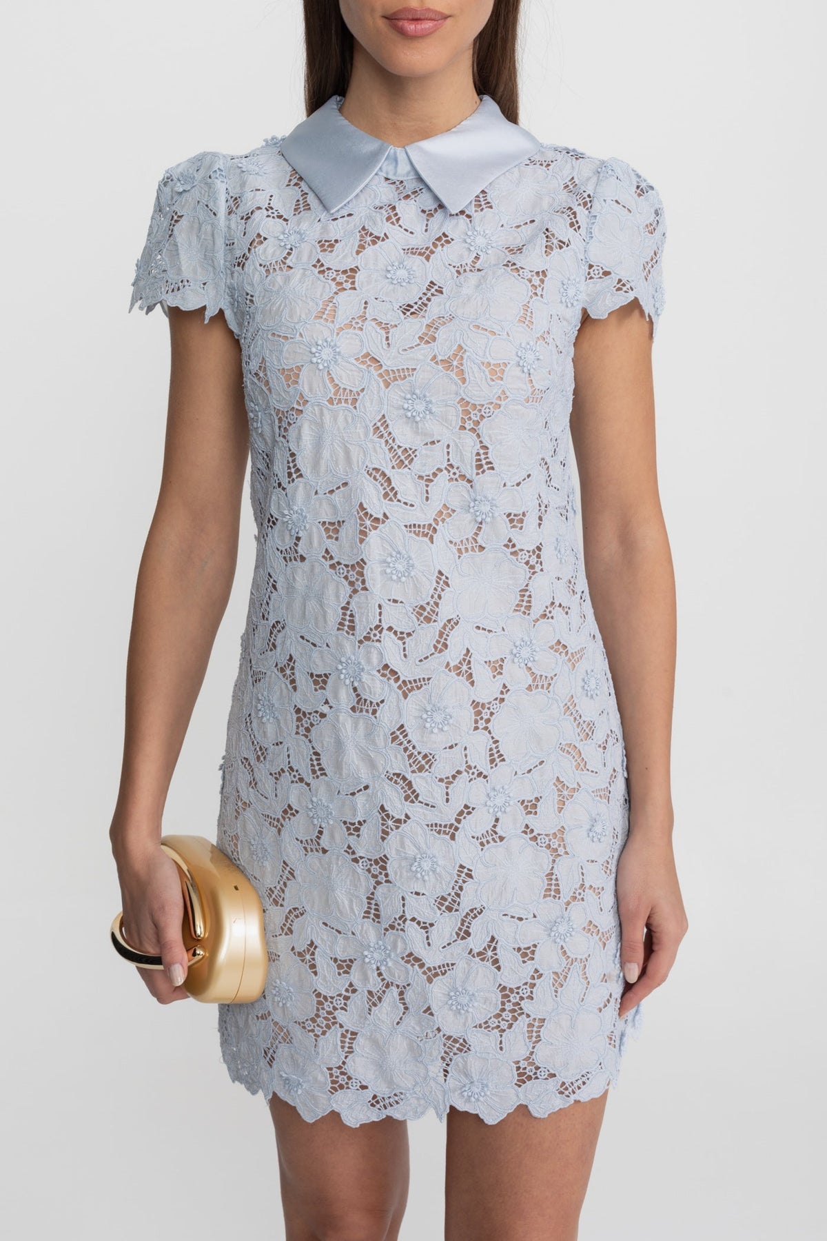 Floral Lace Satin Peter Pan Collar Fitted Mini Dress – Light Blue – view 6